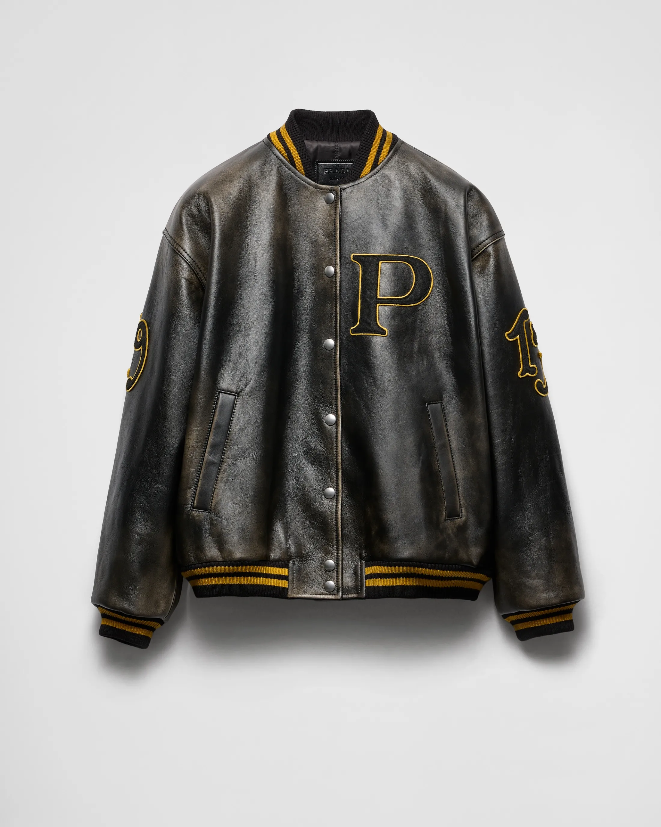 Prada Leather bomber jacket with patch Black New