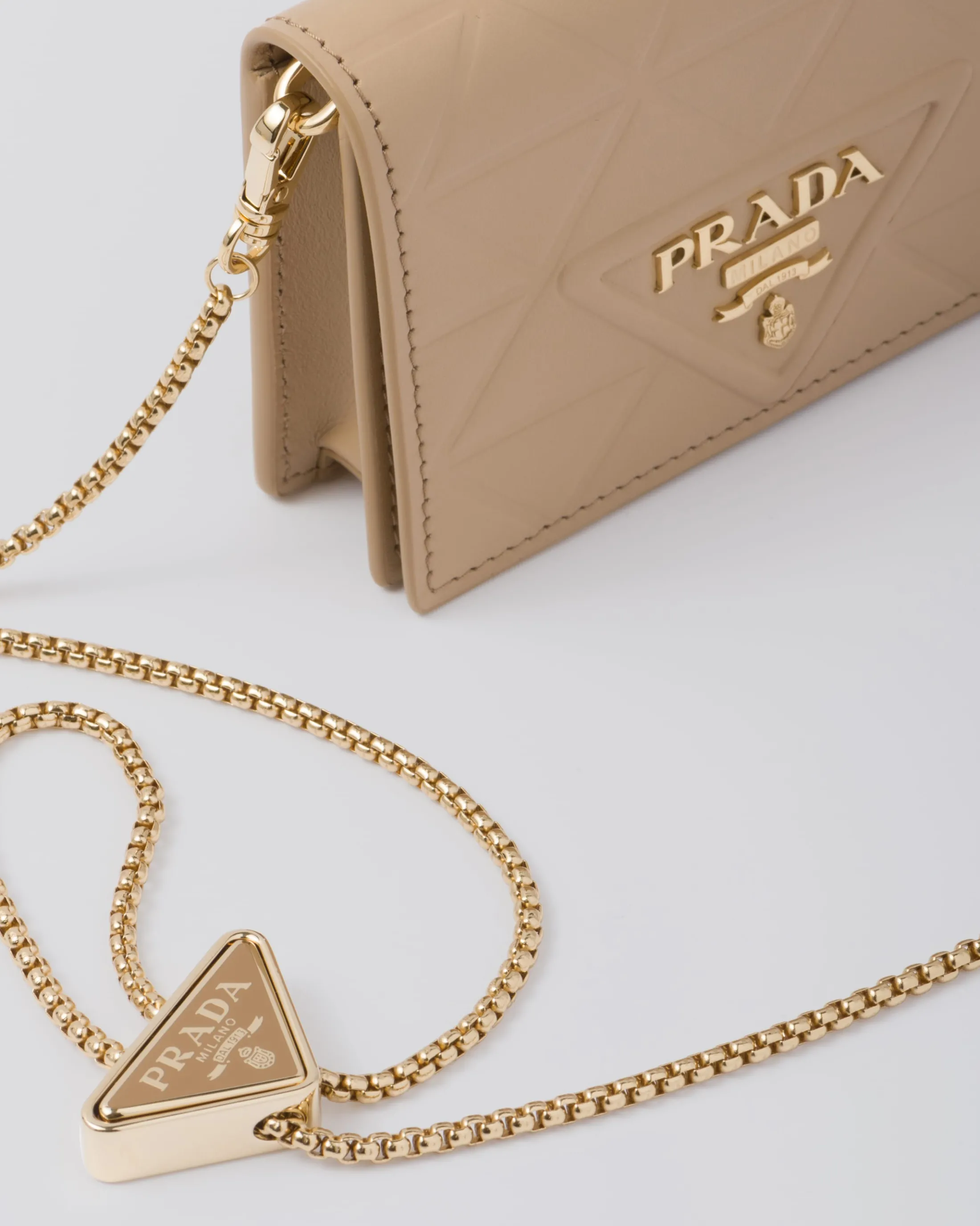 Prada Leather card holder with shoulder strap Sandbeige Best Sale