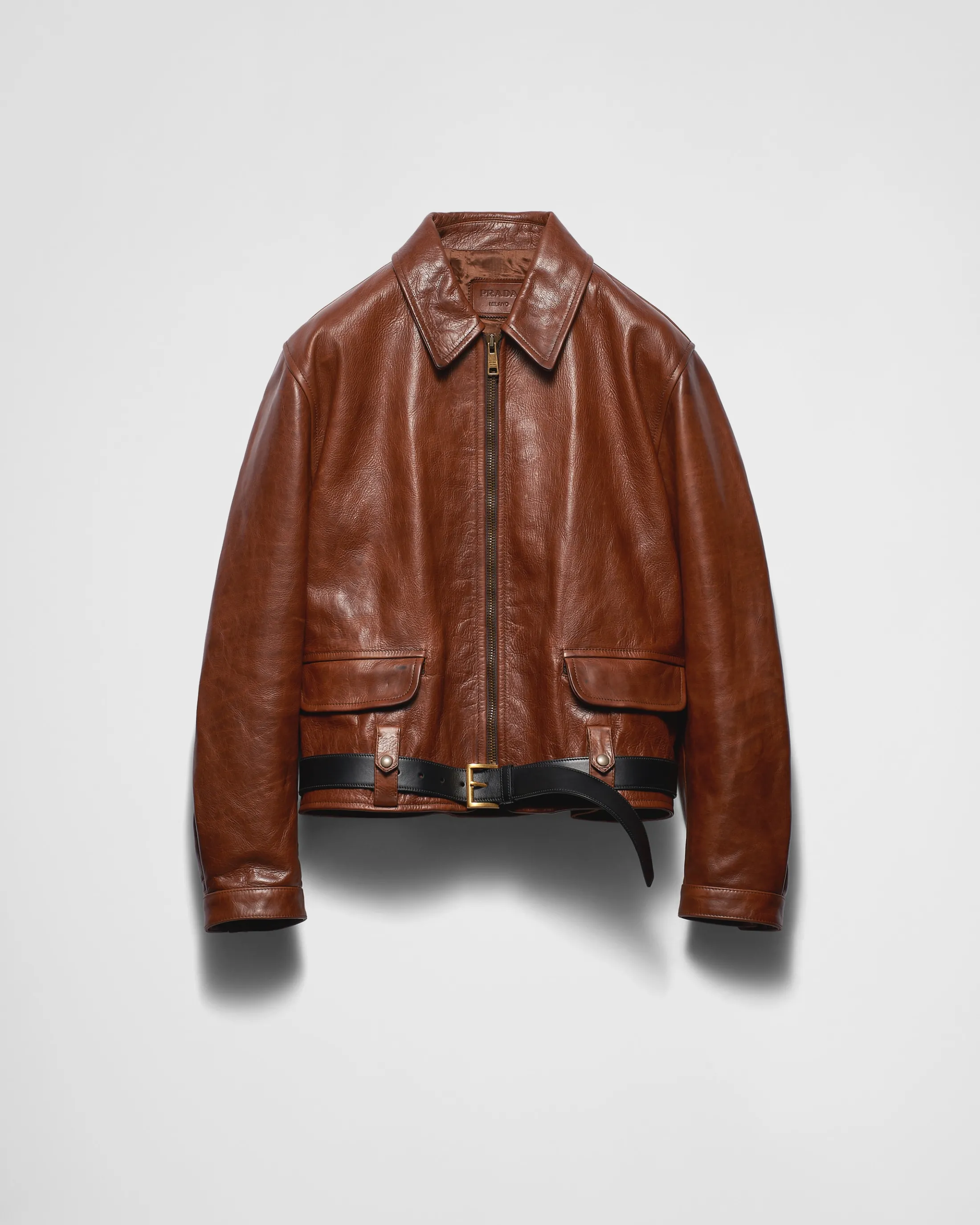 Prada Leather jacket with belt Palisander Flash Sale