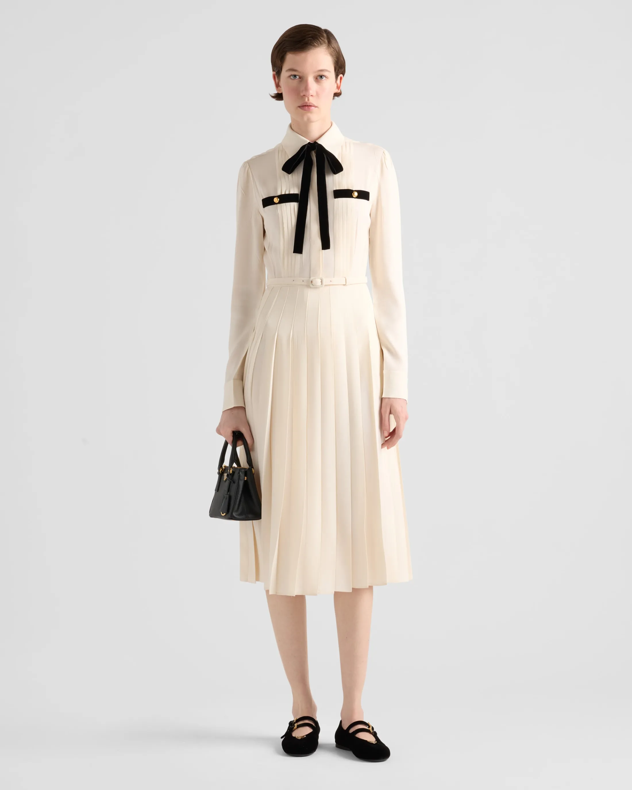 Prada Long pleated satin sablé dress Ivory Online