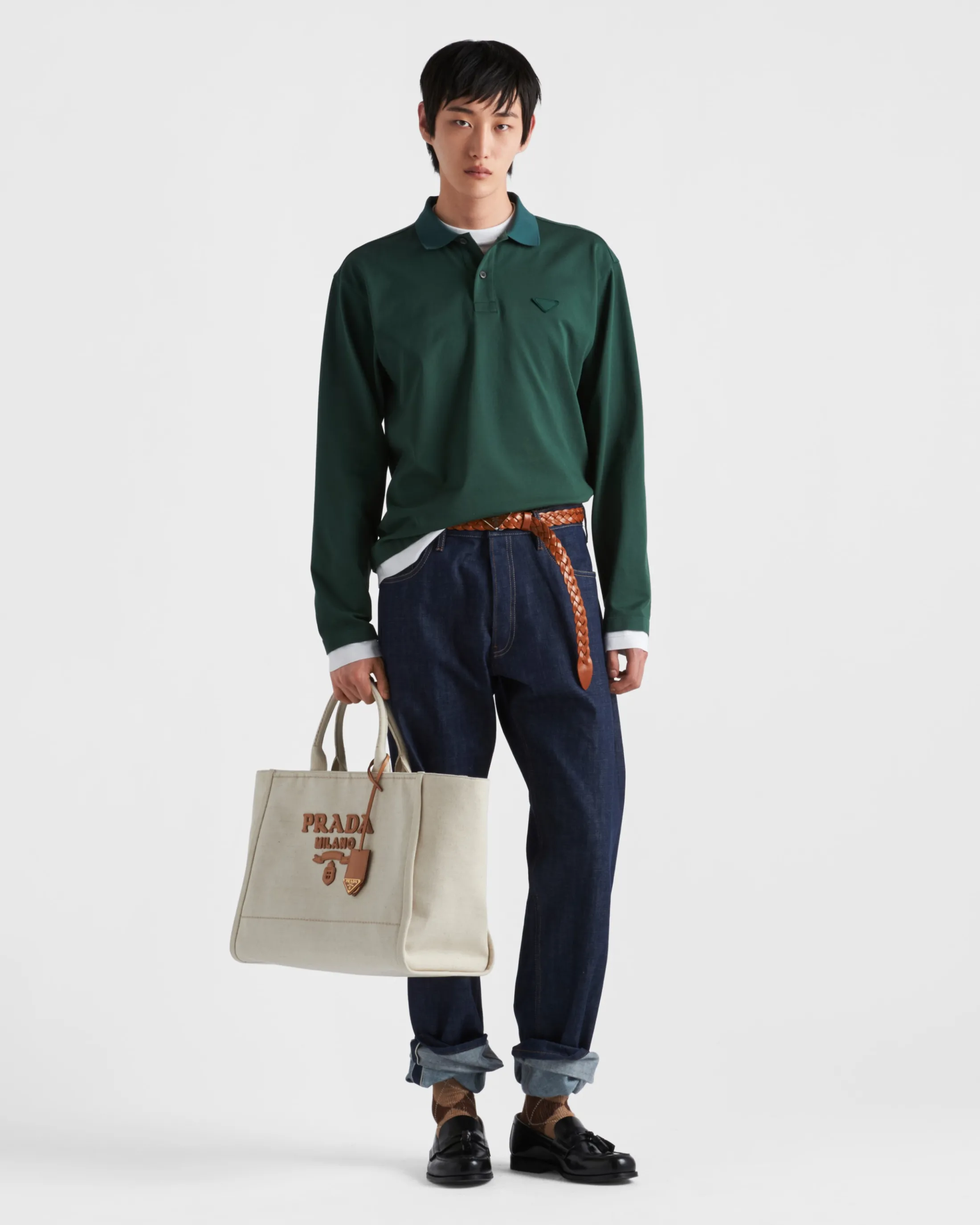 Prada Long-sleeved cotton polo shirt Firgreen Best