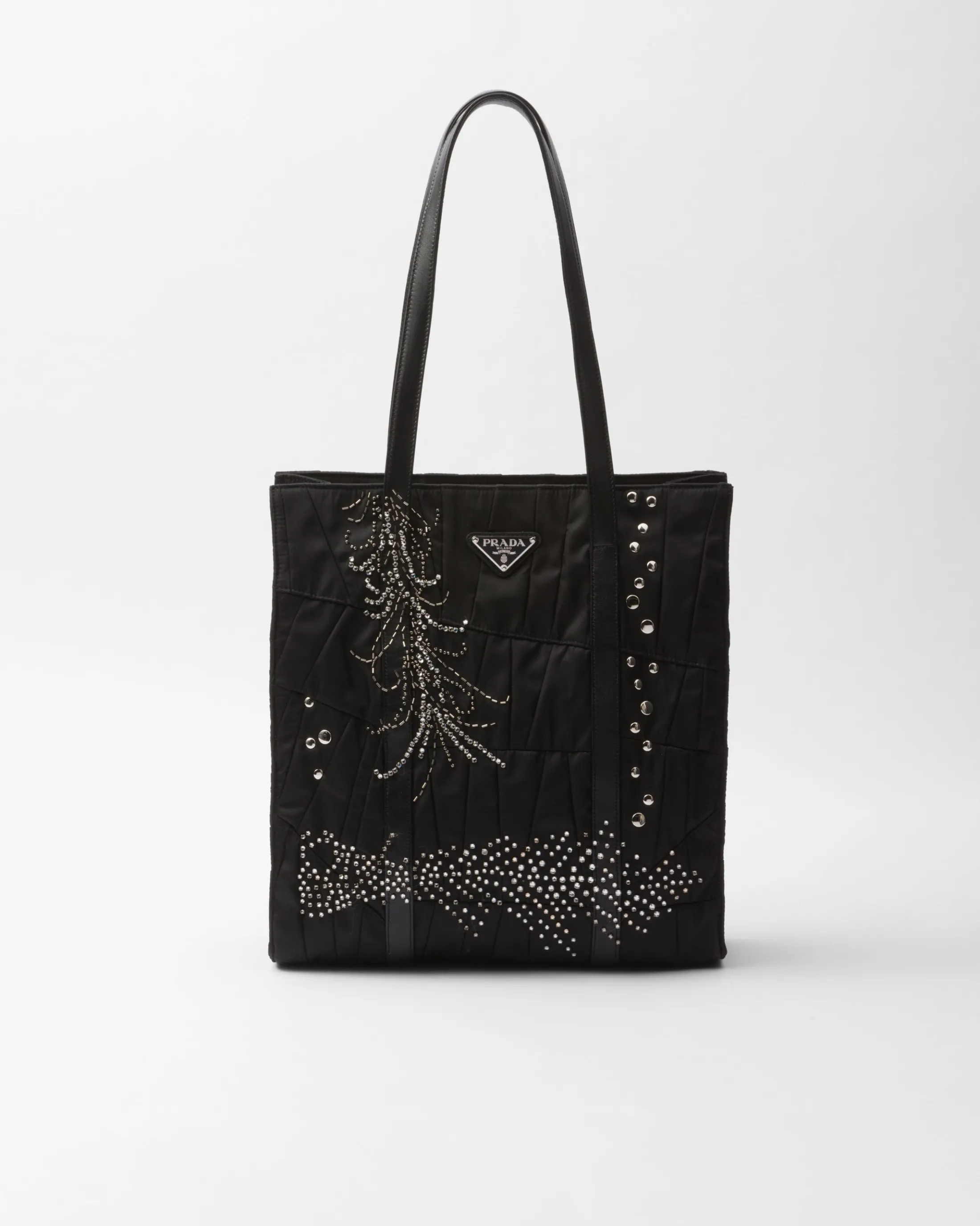 Prada Medium Re-Nylon patchwork tote bag with embroidery Black Hot