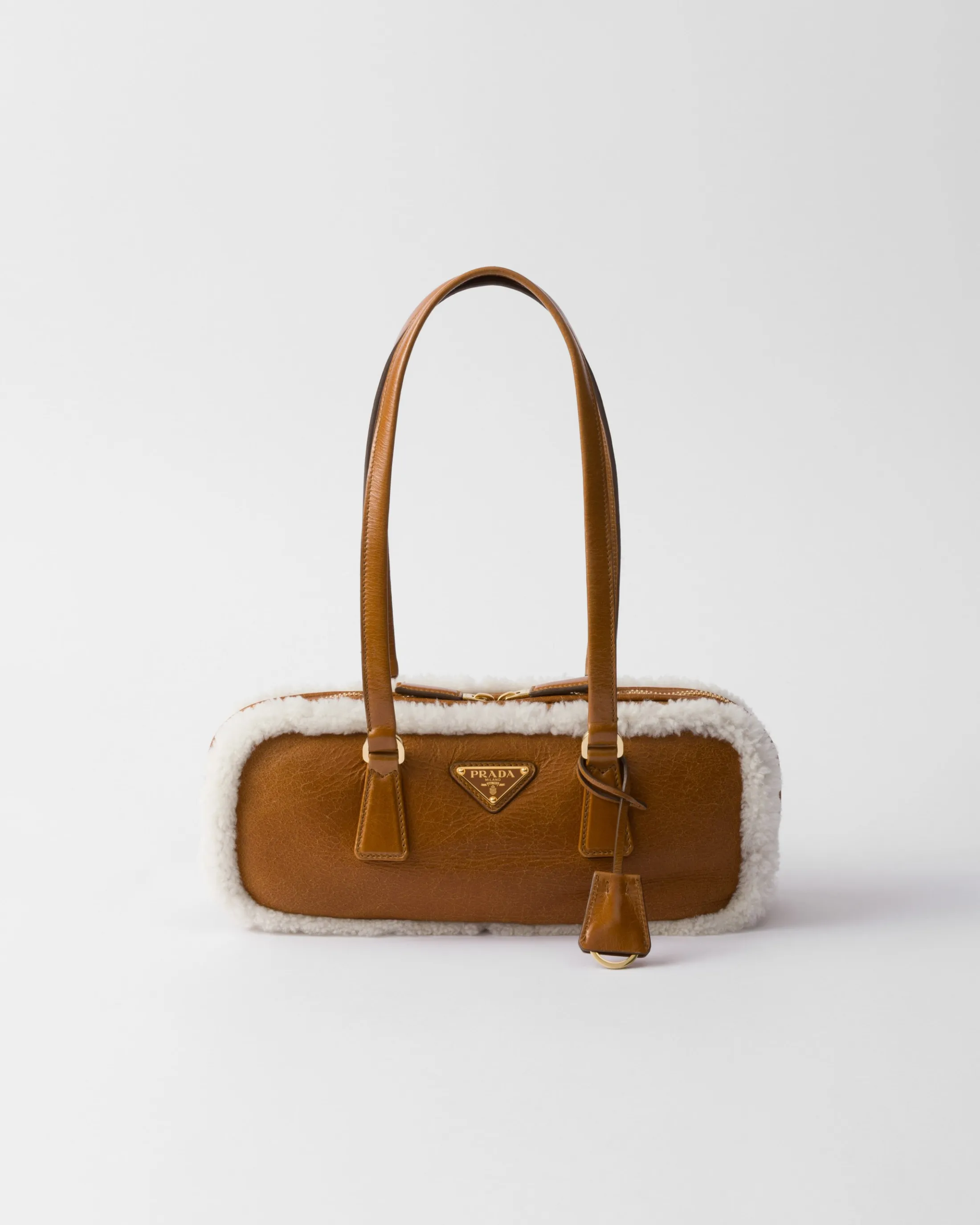 Prada Medium shearling two-handle bag Cognac/natural Flash Sale