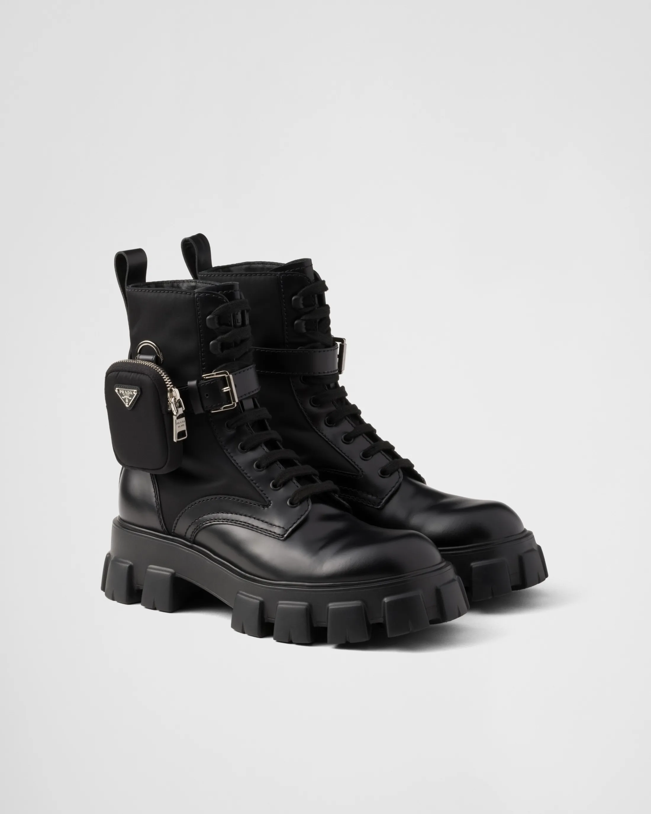 Prada Monolith brushed leather and Re-Nylon boots with pouch Black Shop