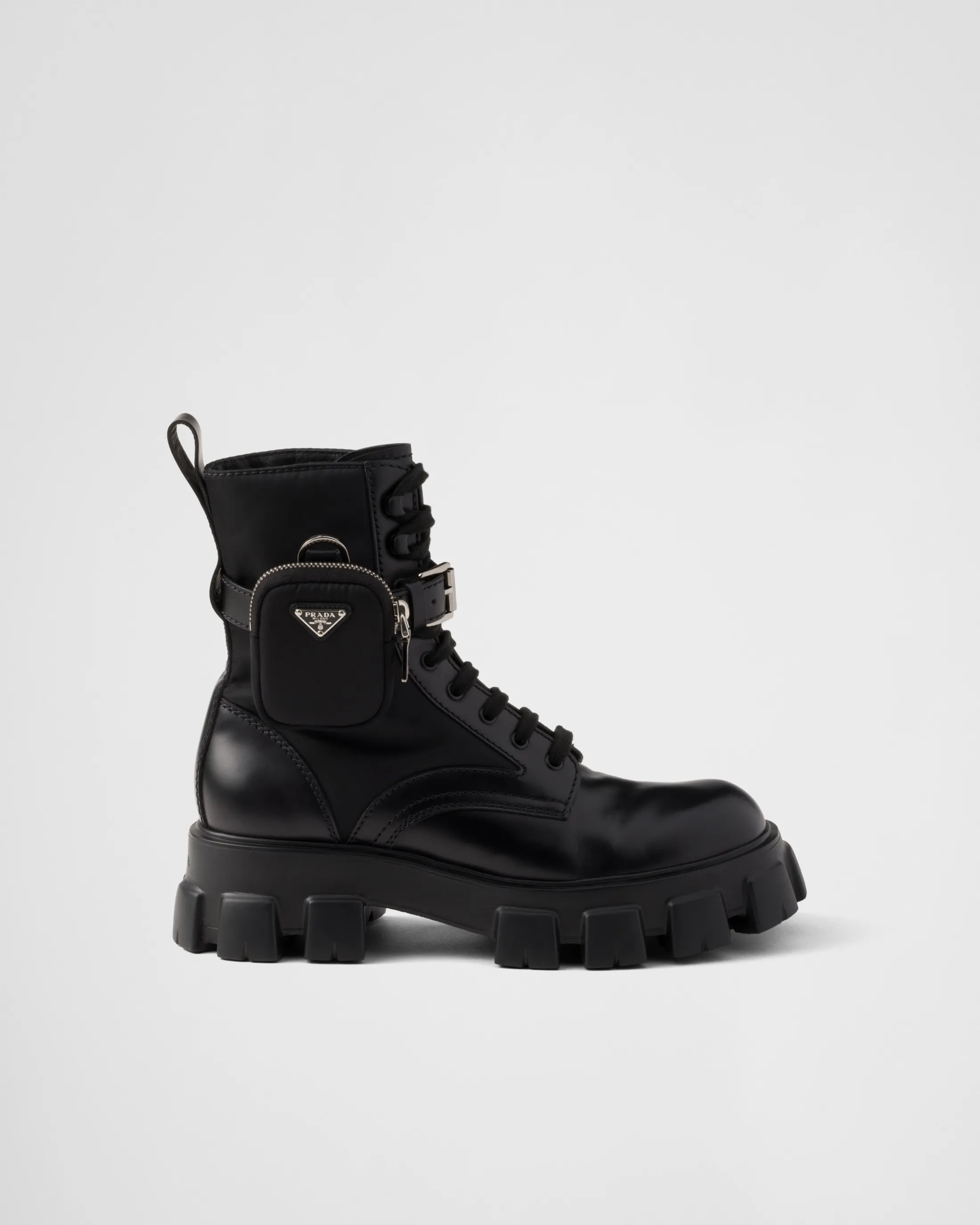 Prada Monolith brushed leather and Re-Nylon boots with pouch Black Shop