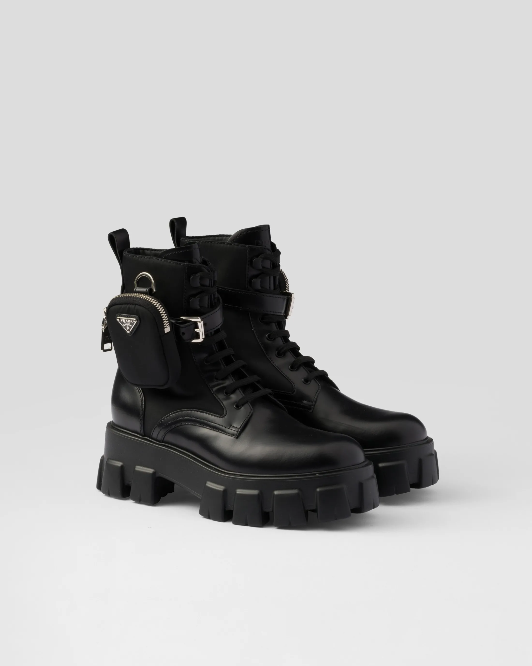 Prada Monolith leather and Re-Nylon boots with pouch Black Flash Sale