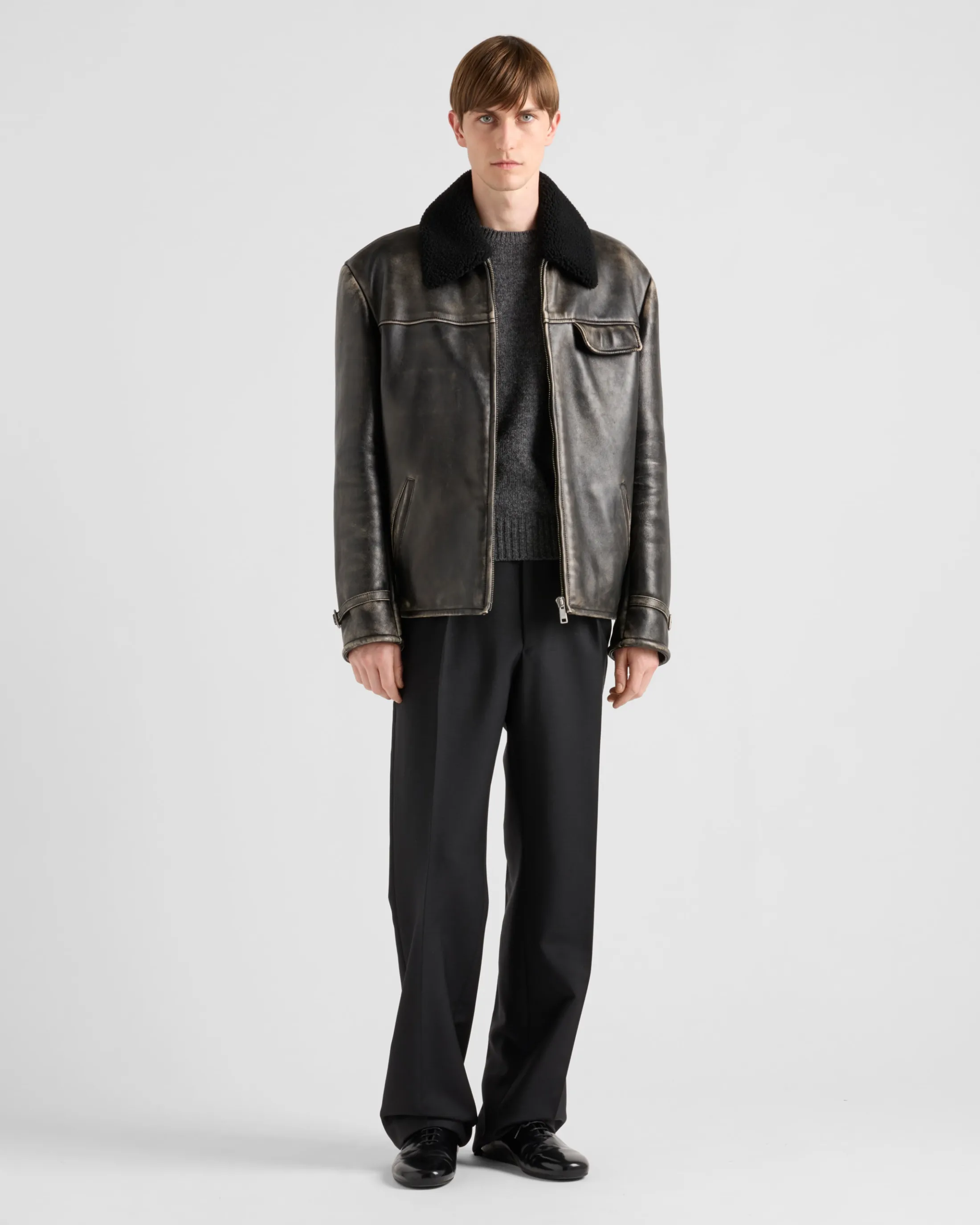 Prada Nappa leather and shearling jacket Black Cheap