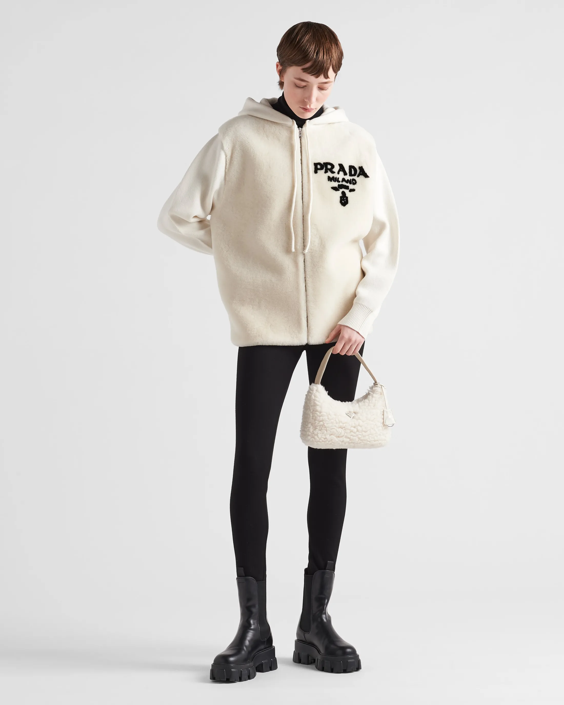 Prada Oversized cashmere and shearling sweatshirt Chalkwhite Hot