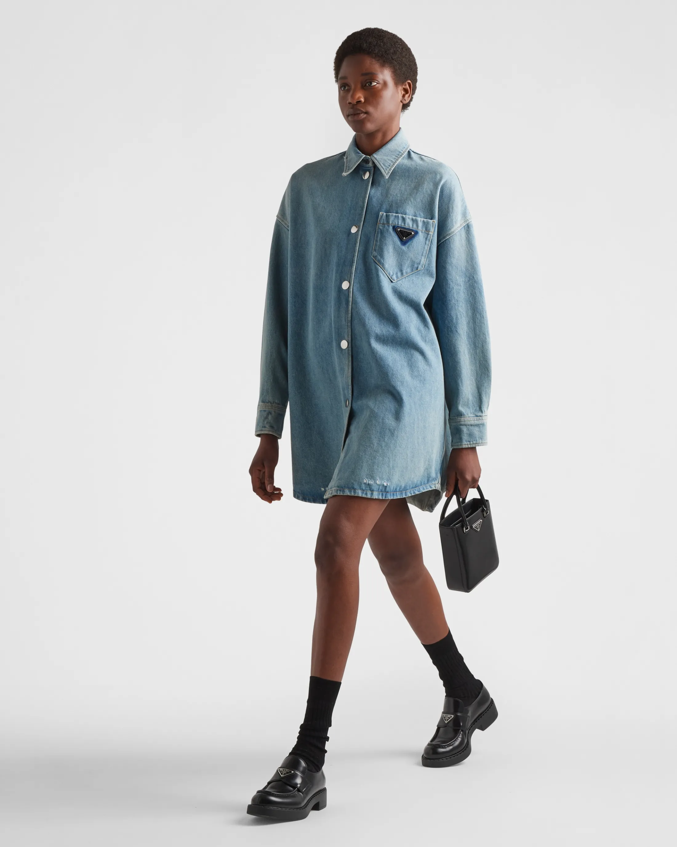 Prada Oversized organic denim shirt Midblue Flash Sale