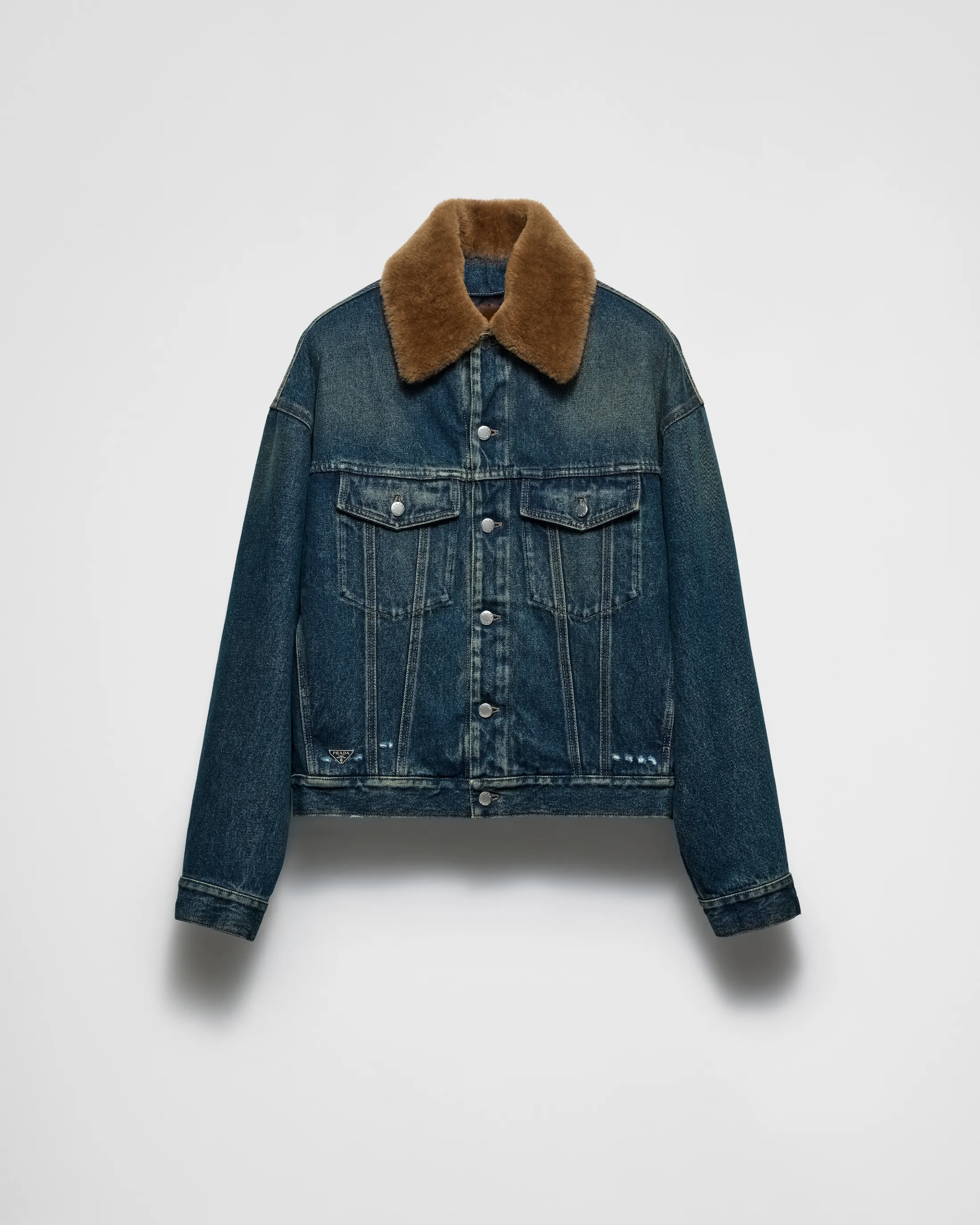 Prada Padded denim blouson jacket with shearling collar Navy Sale