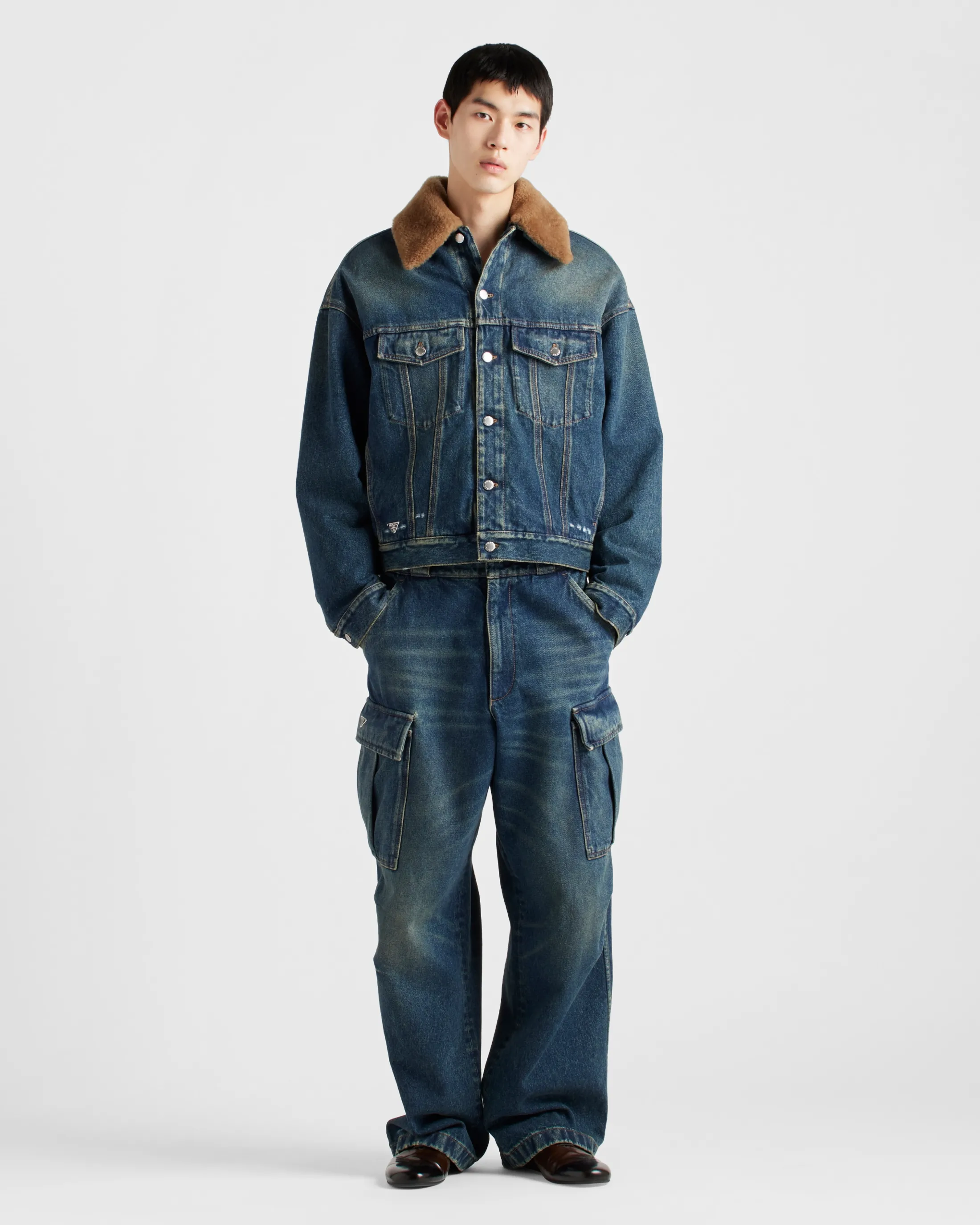 Prada Padded denim blouson jacket with shearling collar Navy Sale