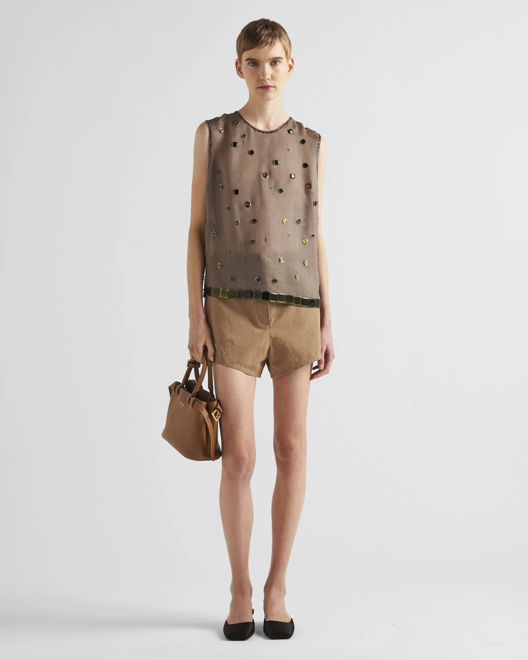 Prada Panama cotton and linen shorts Hazelnut Discount