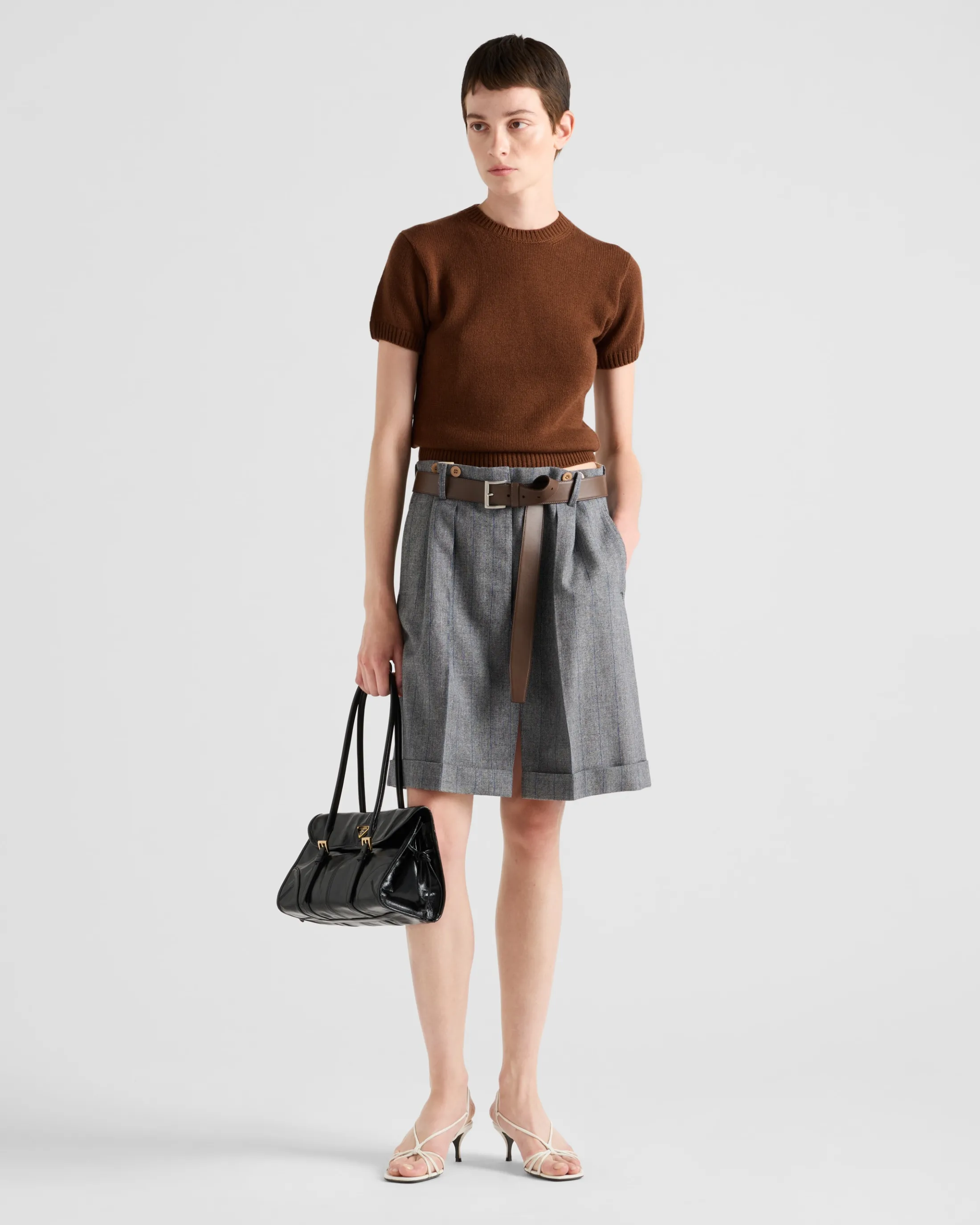 Prada Pinstriped wool skirt with leather belt Anthracitegray Flash Sale