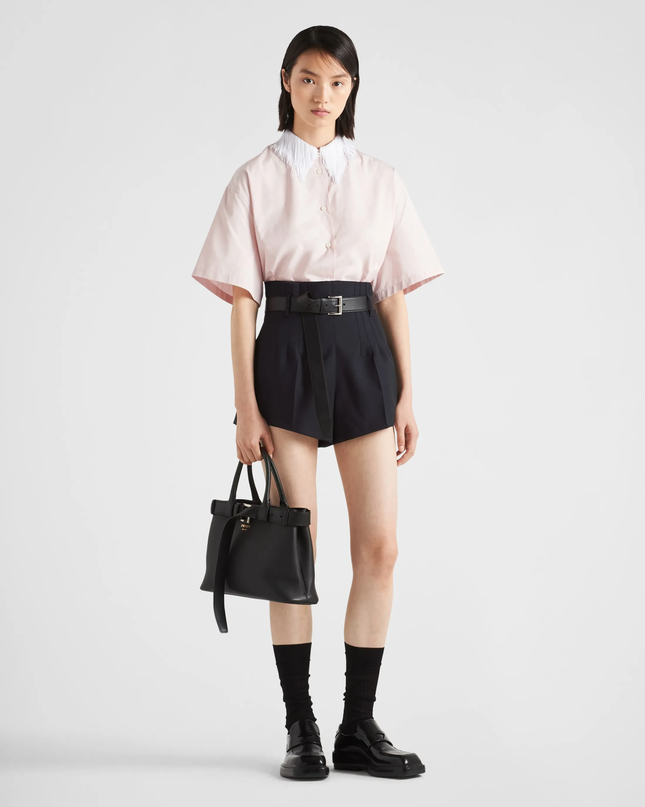 Prada Poplin shirt with fringed collar Alabasterpink Best Sale