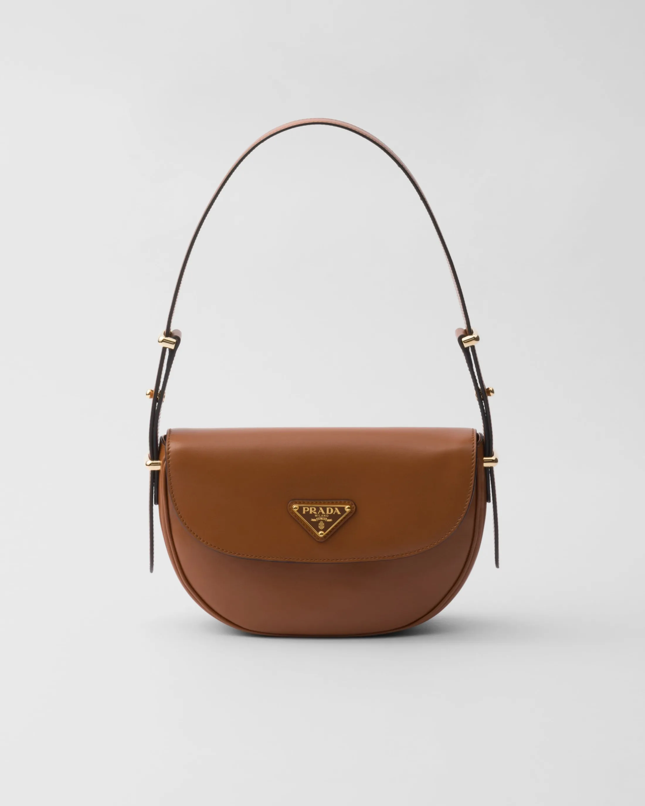 Prada Arqué leather shoulder bag with flap Cognac Flash Sale