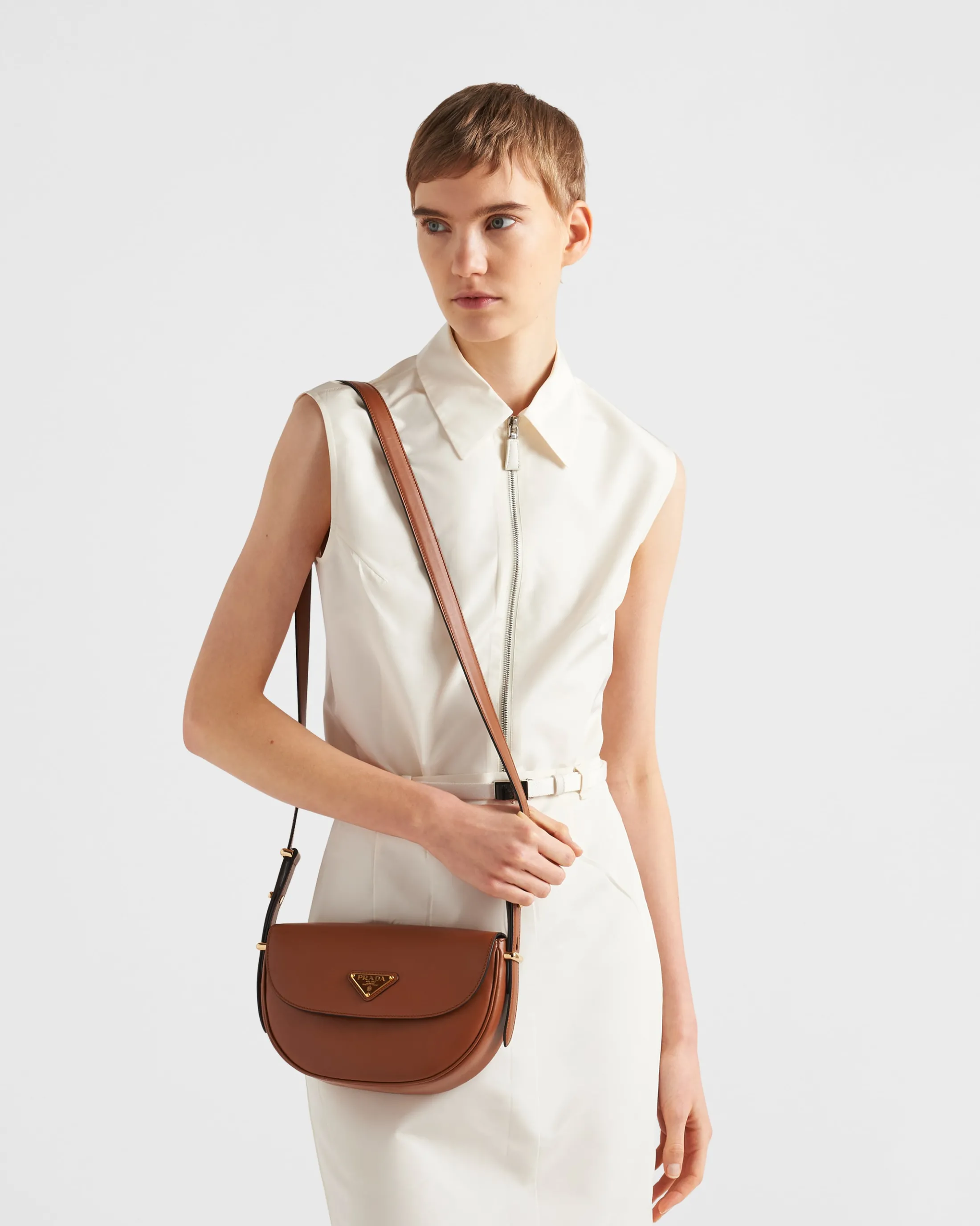 Prada Arqué leather shoulder bag with flap Cognac Flash Sale