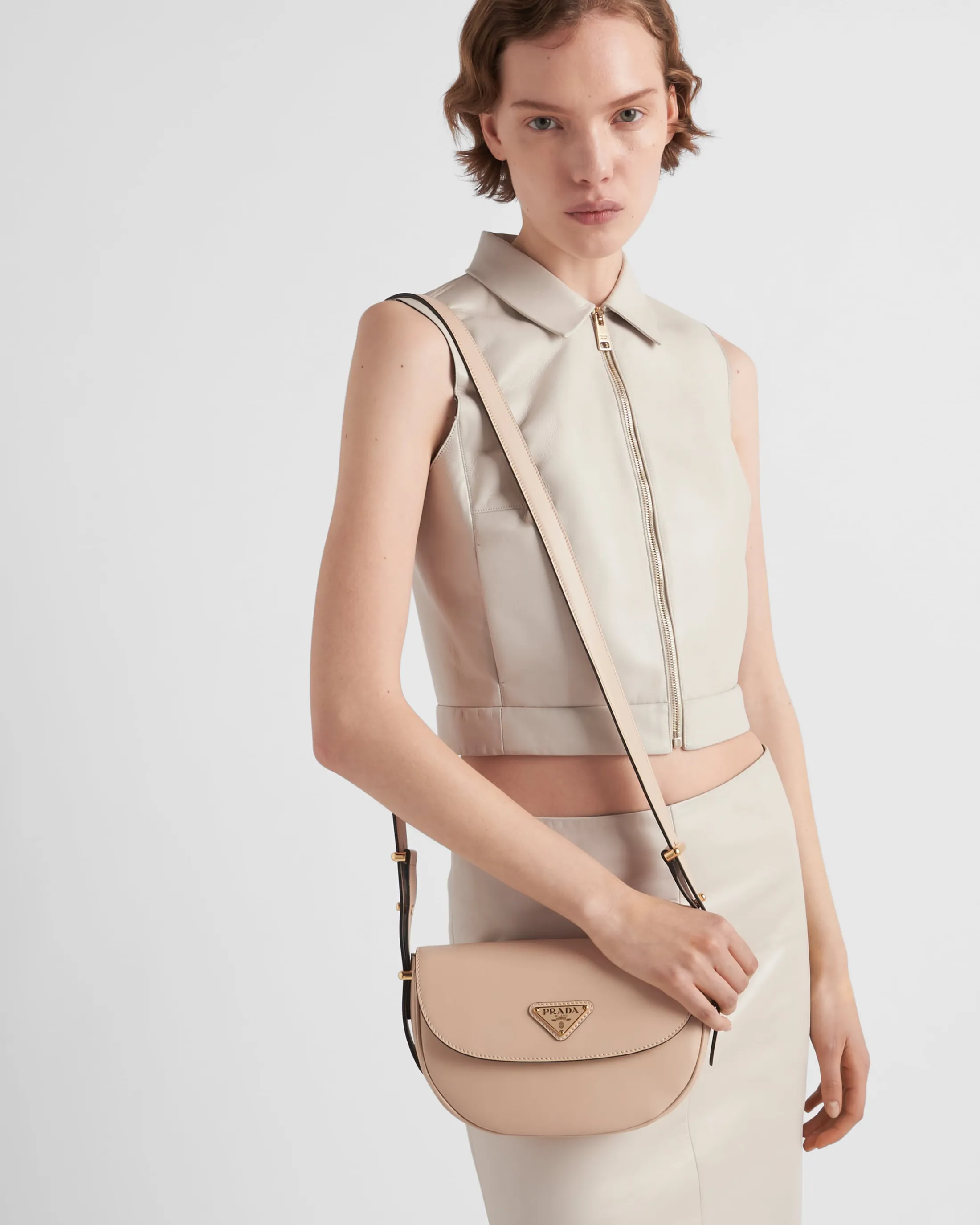 Prada Arqué leather shoulder bag with flap Travertine Clearance