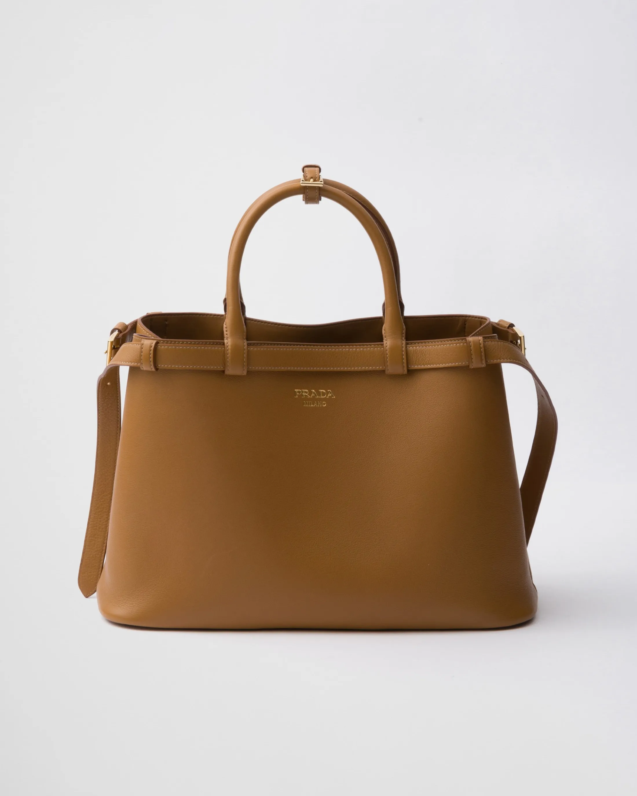 Prada Buckle medium leather handbag with double belt Caramel Online