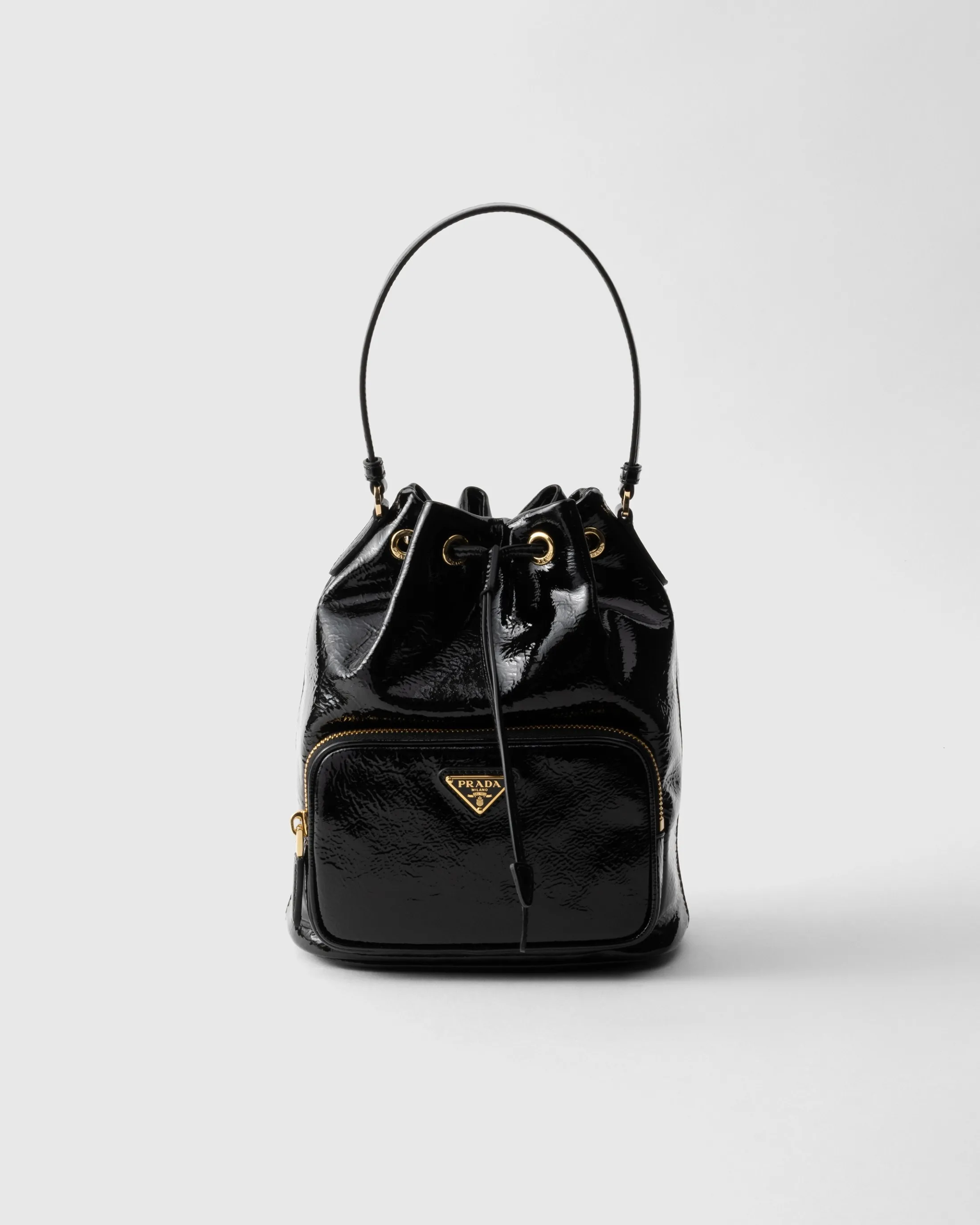 Prada Duet naplak patent leather bucket bag Black Cheap