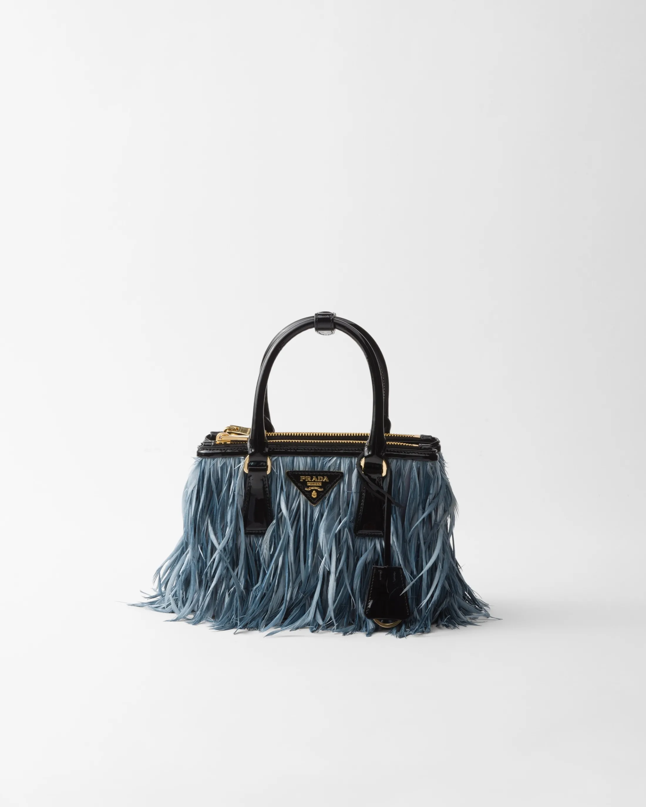 Prada Galleria mini-bag with feather trim Celeste/black Best Sale