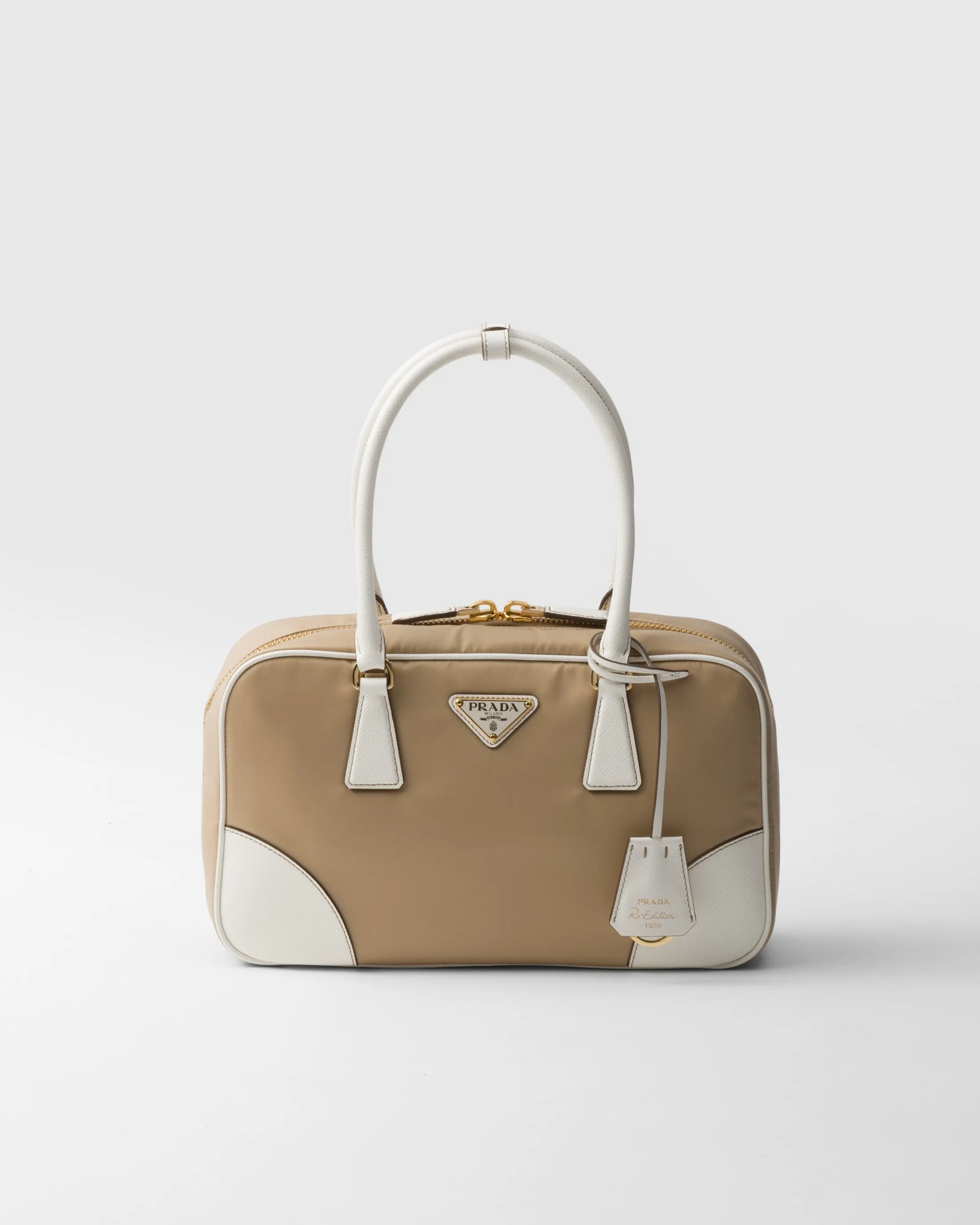 Prada Re-Edition 1978 medium Re-Nylon and Saffiano leather two-handle bag Camel/white Store