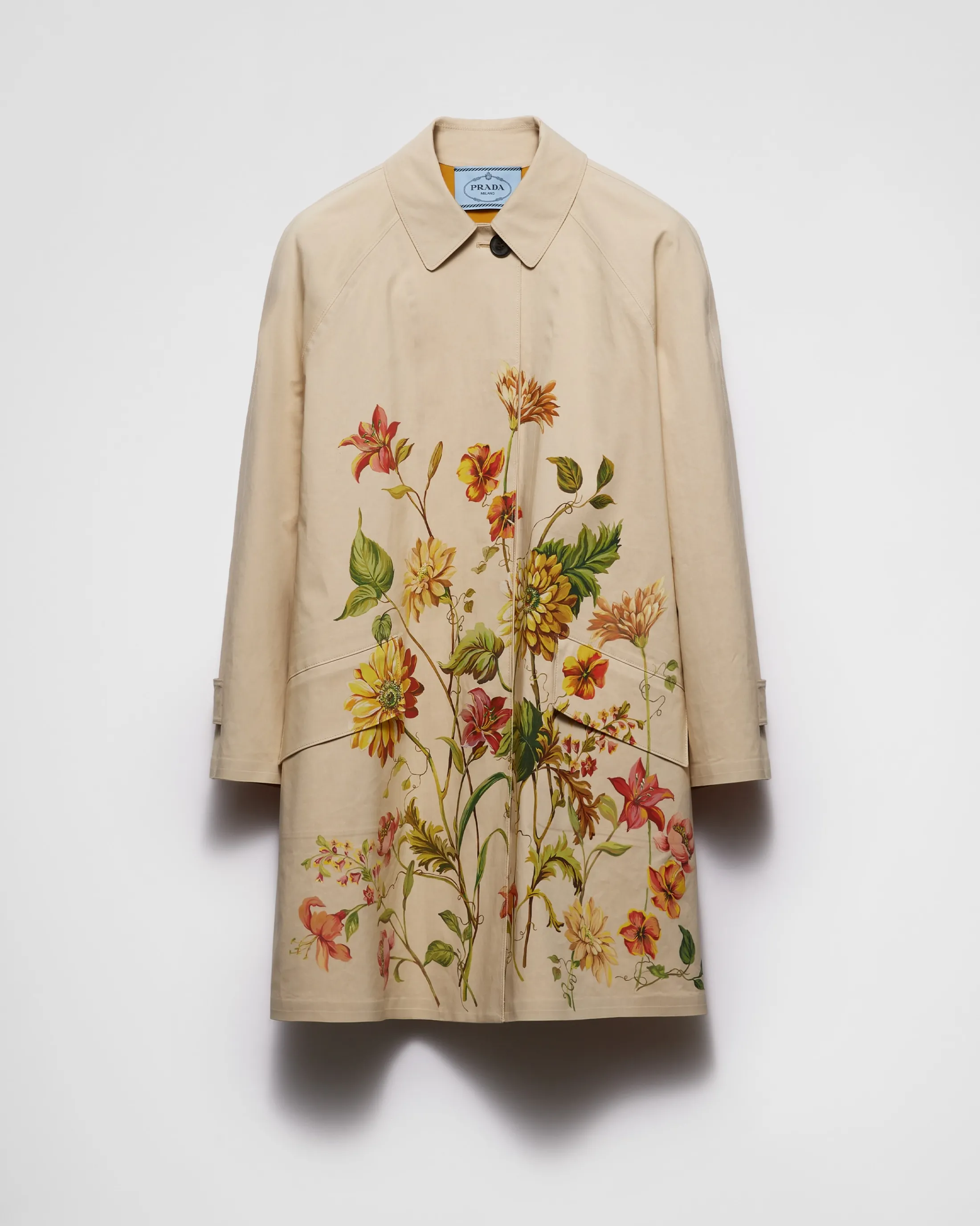 Prada Printed cotton single-breasted coat Sandbeige Cheap