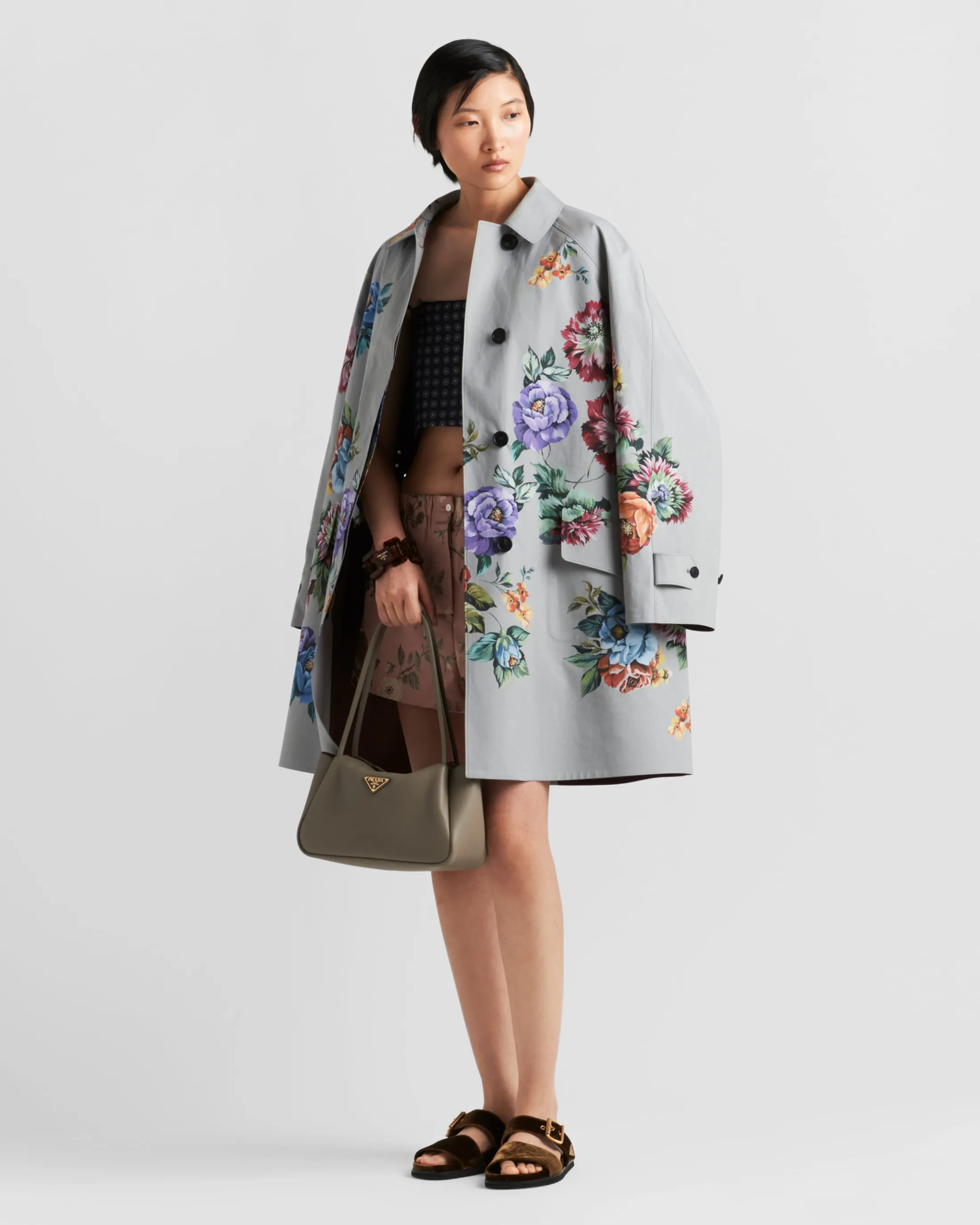 Prada Printed cotton single-breasted coat Steelgray Best Sale