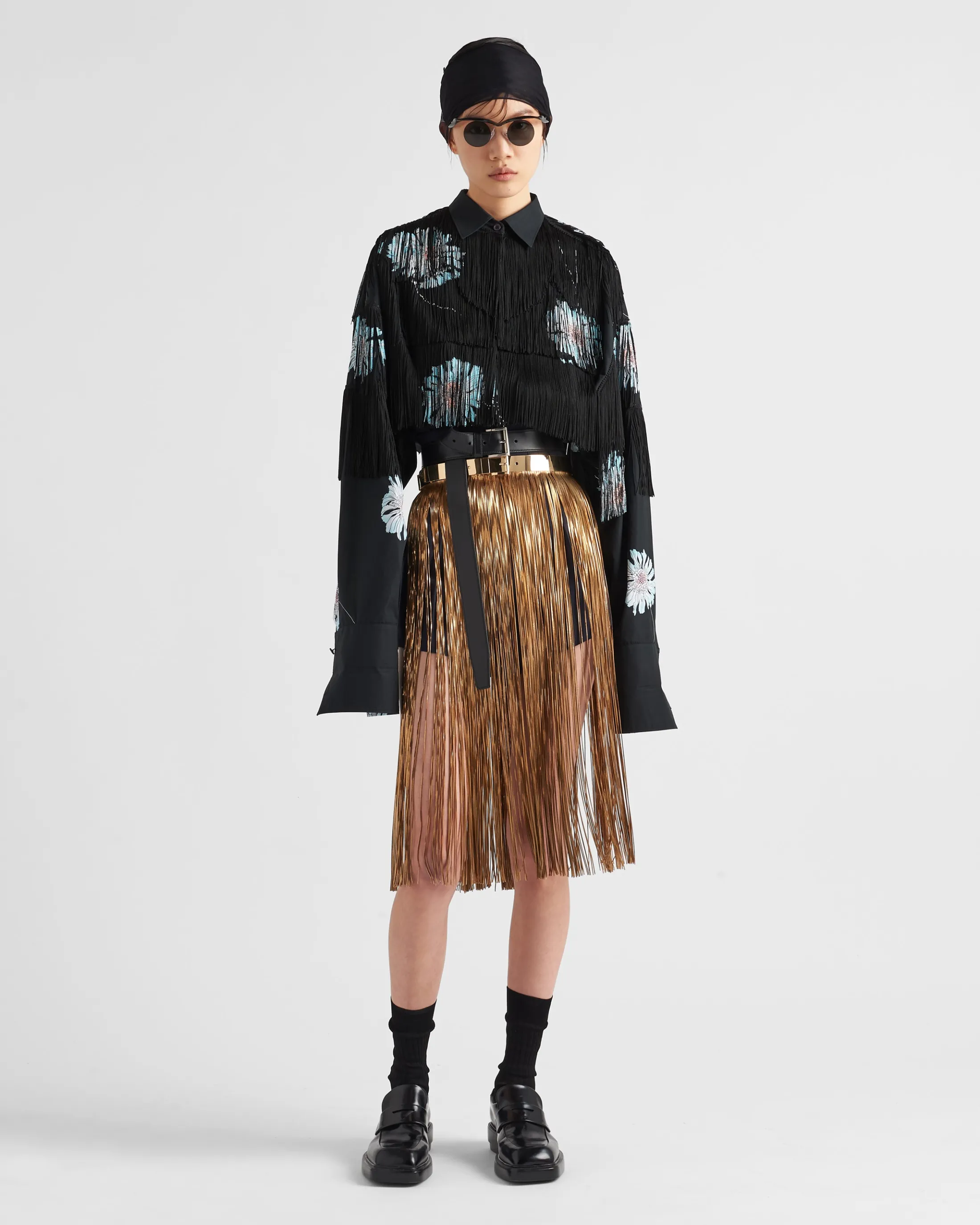 Prada Printed poplin shirt with fringe Astro Cheap