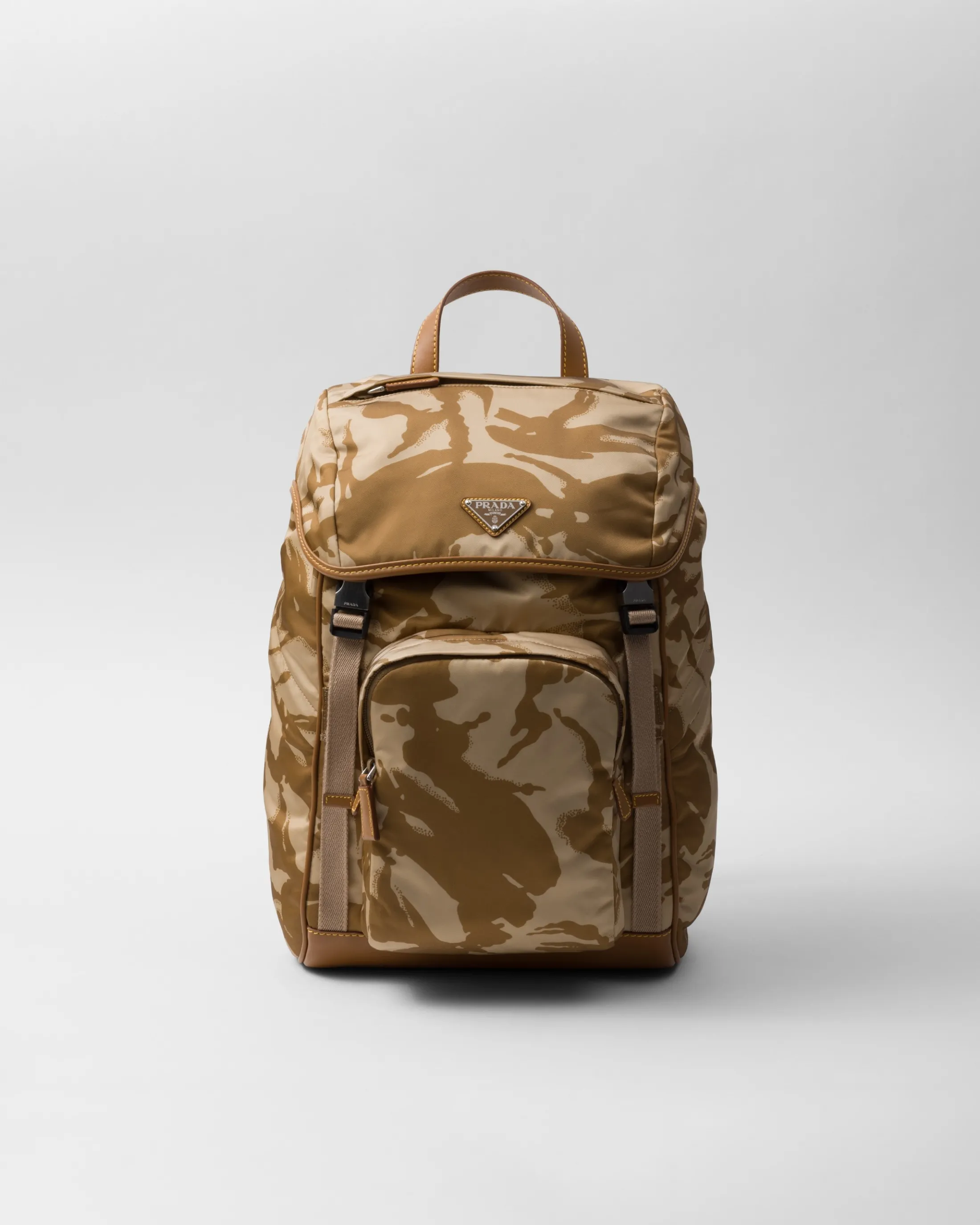 Prada Printed Re-Nylon and leather backpack Khaki Discount