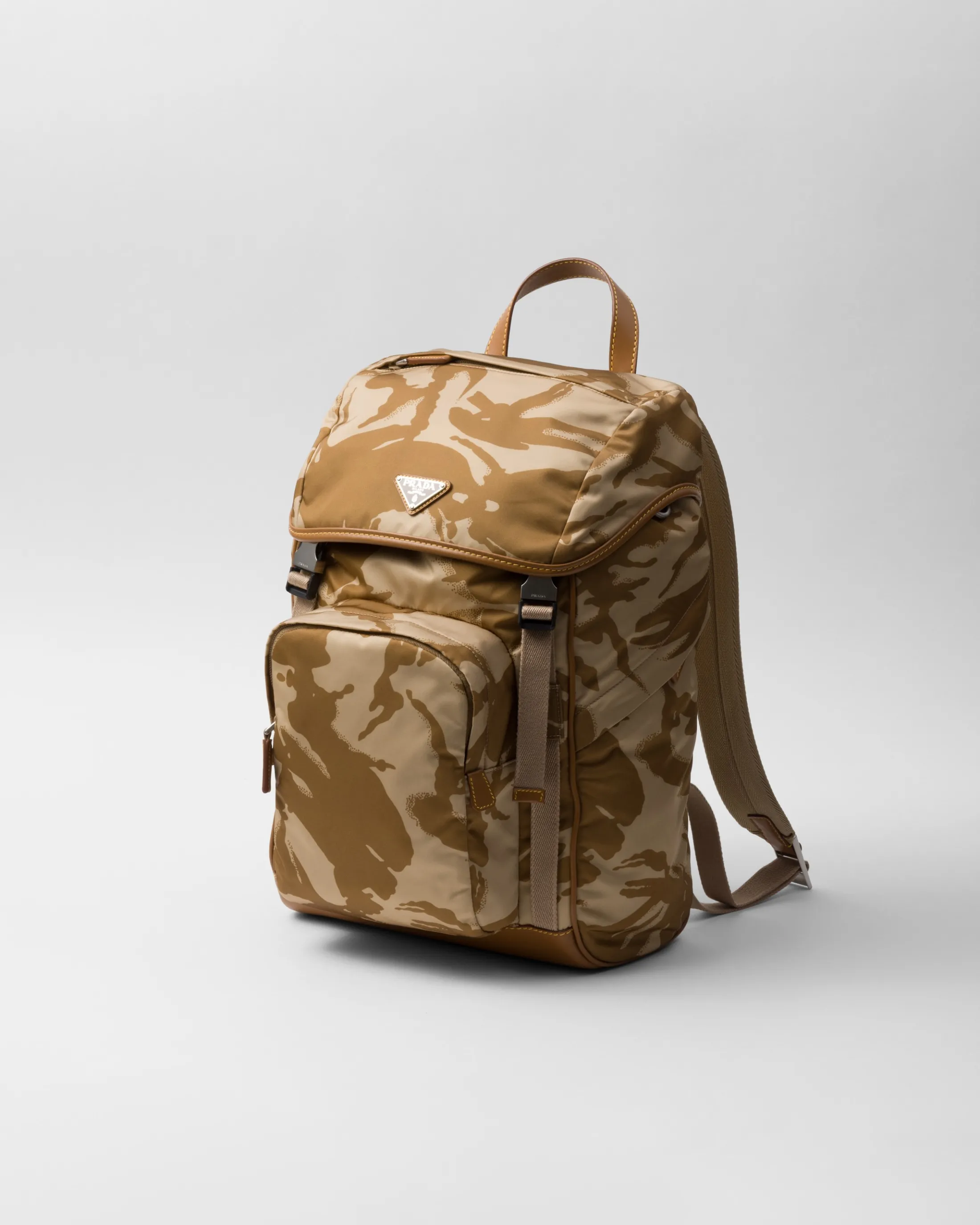 Prada Printed Re-Nylon and leather backpack Khaki Discount