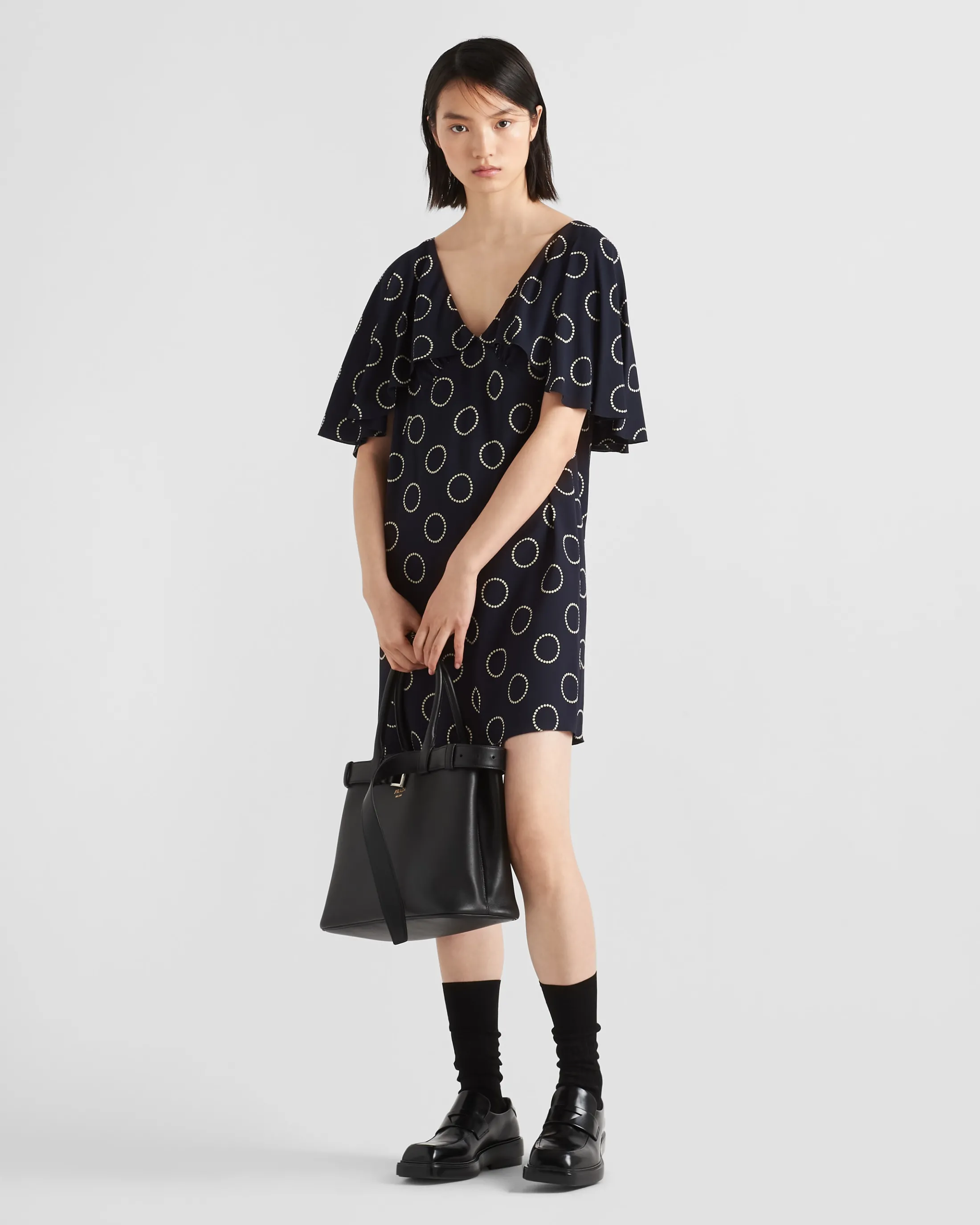 Prada Printed sablé mini-dress Navy Flash Sale