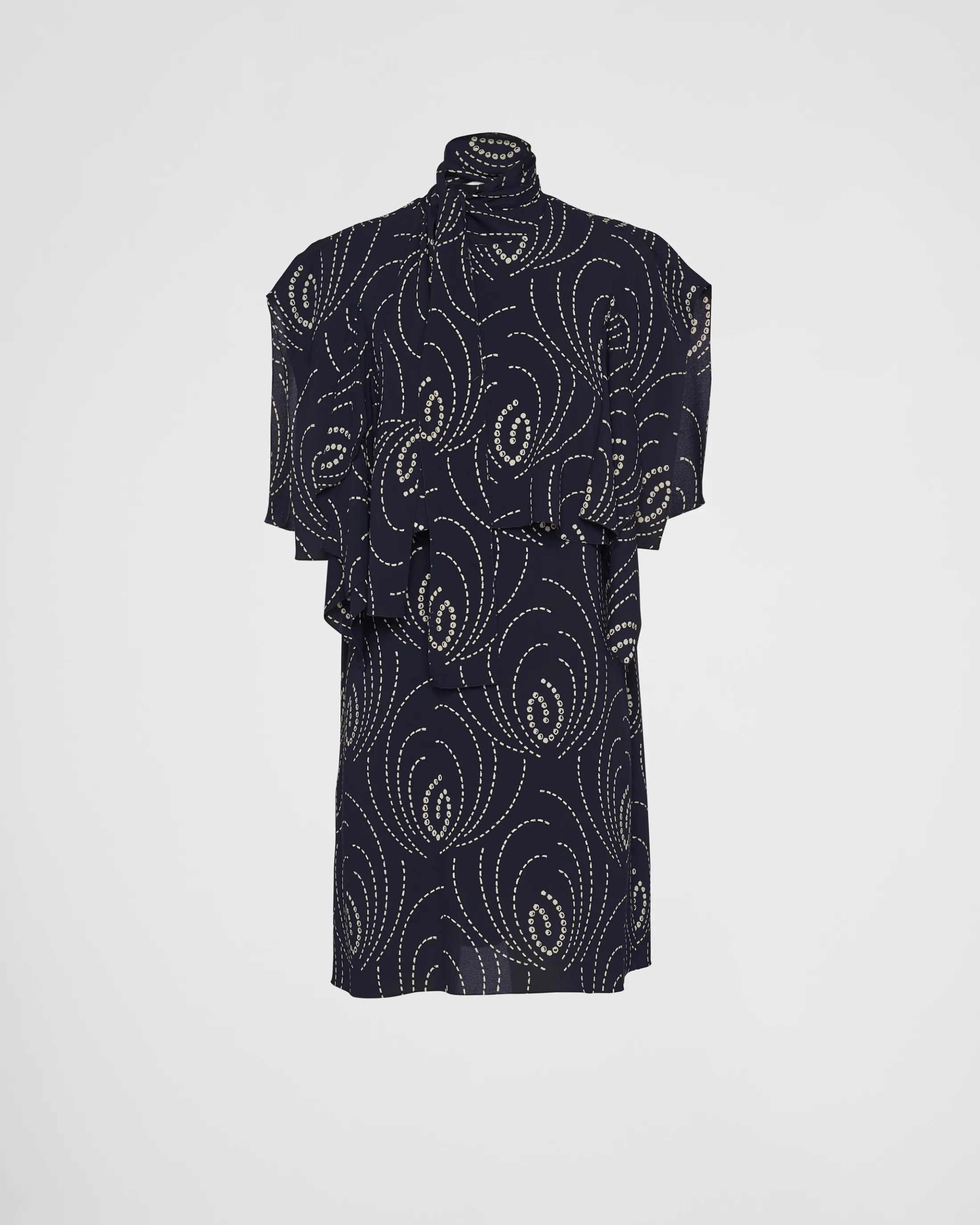 Prada Printed sablé mini-dress with scarf collar Navy Discount