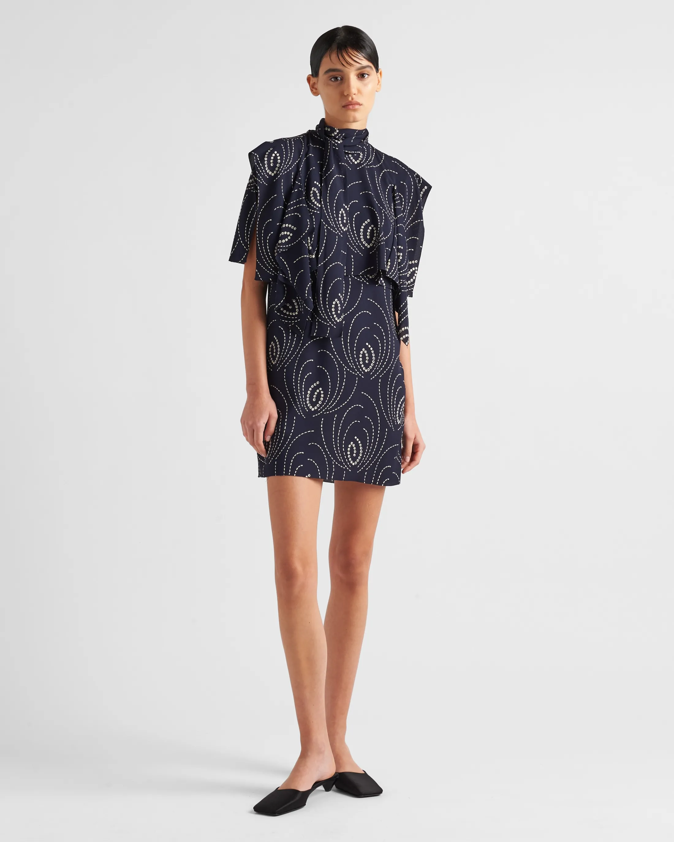 Prada Printed sablé mini-dress with scarf collar Navy Discount