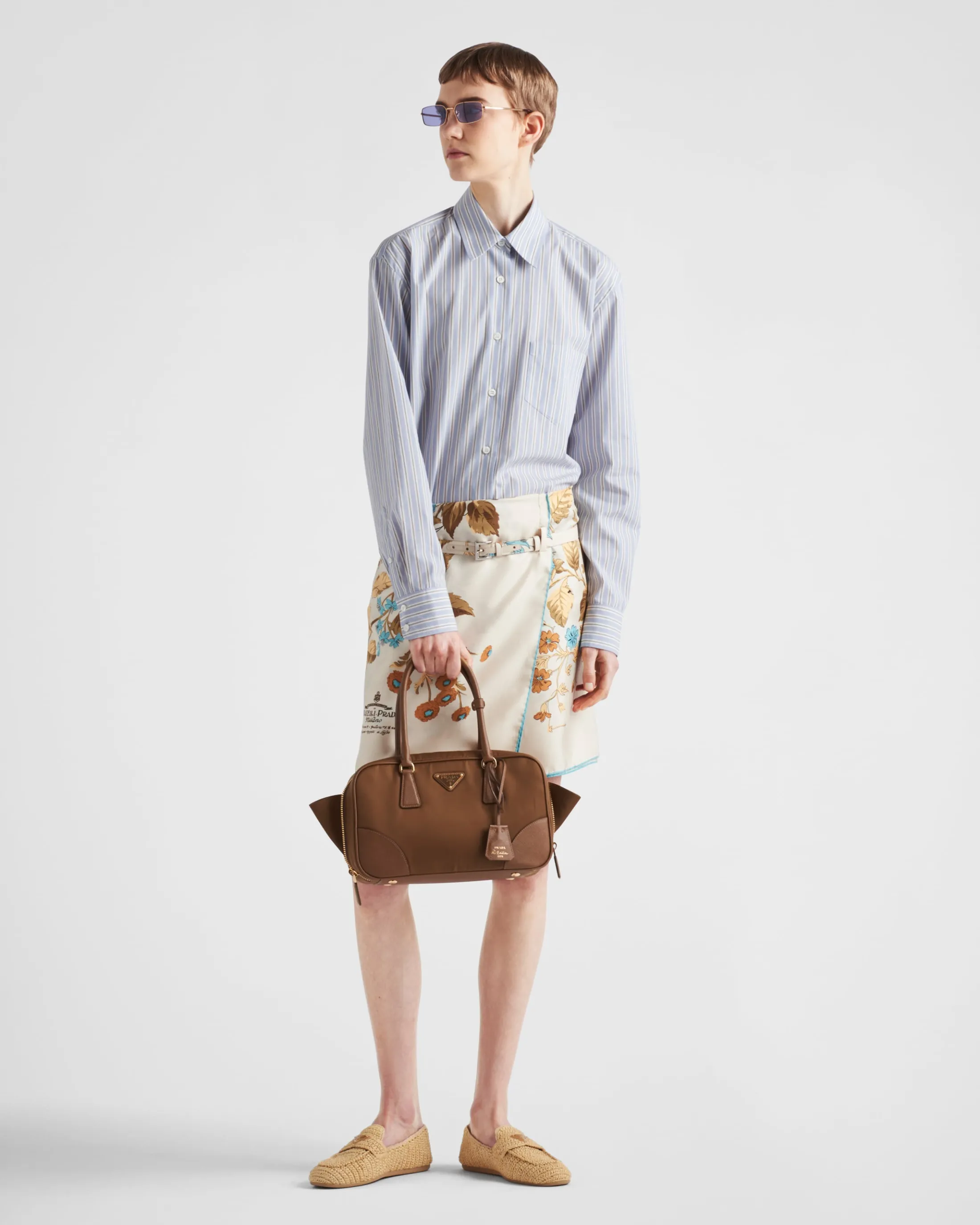 Prada Printed silk twill miniskirt Sandbeige Hot