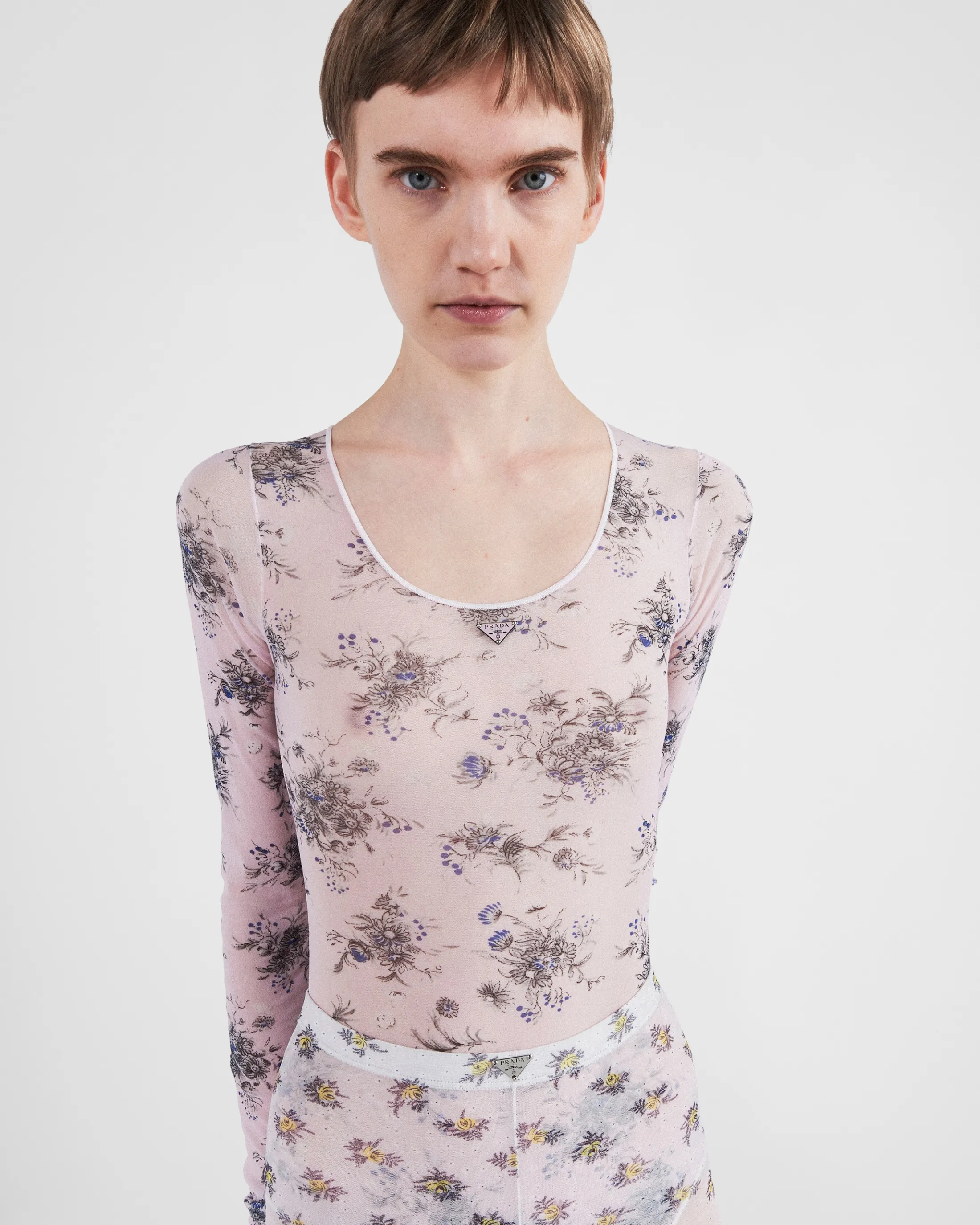 Prada Printed stretch tulle bodysuit Pink Fashion