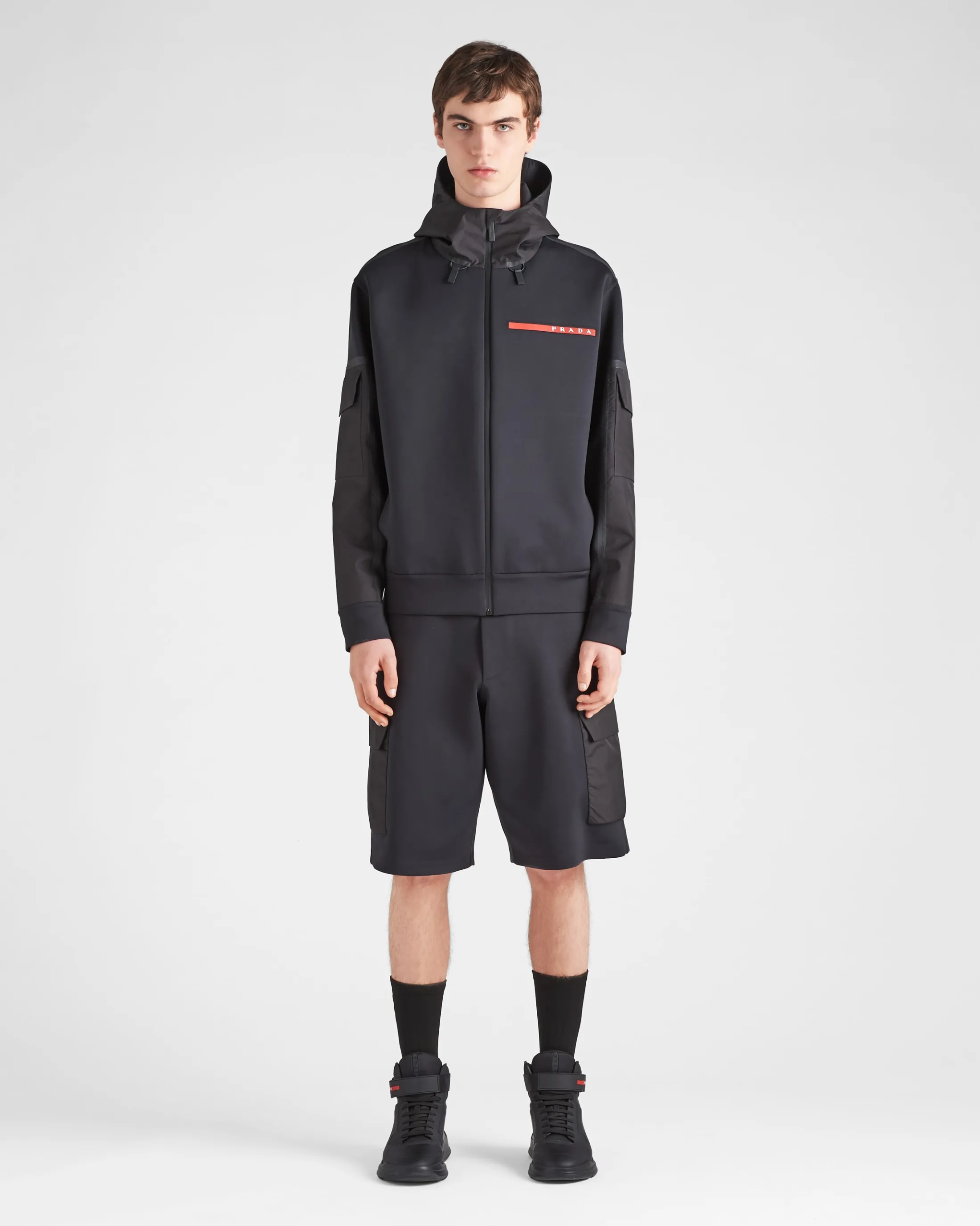 Prada Recycled technical jersey hoodie Black Clearance