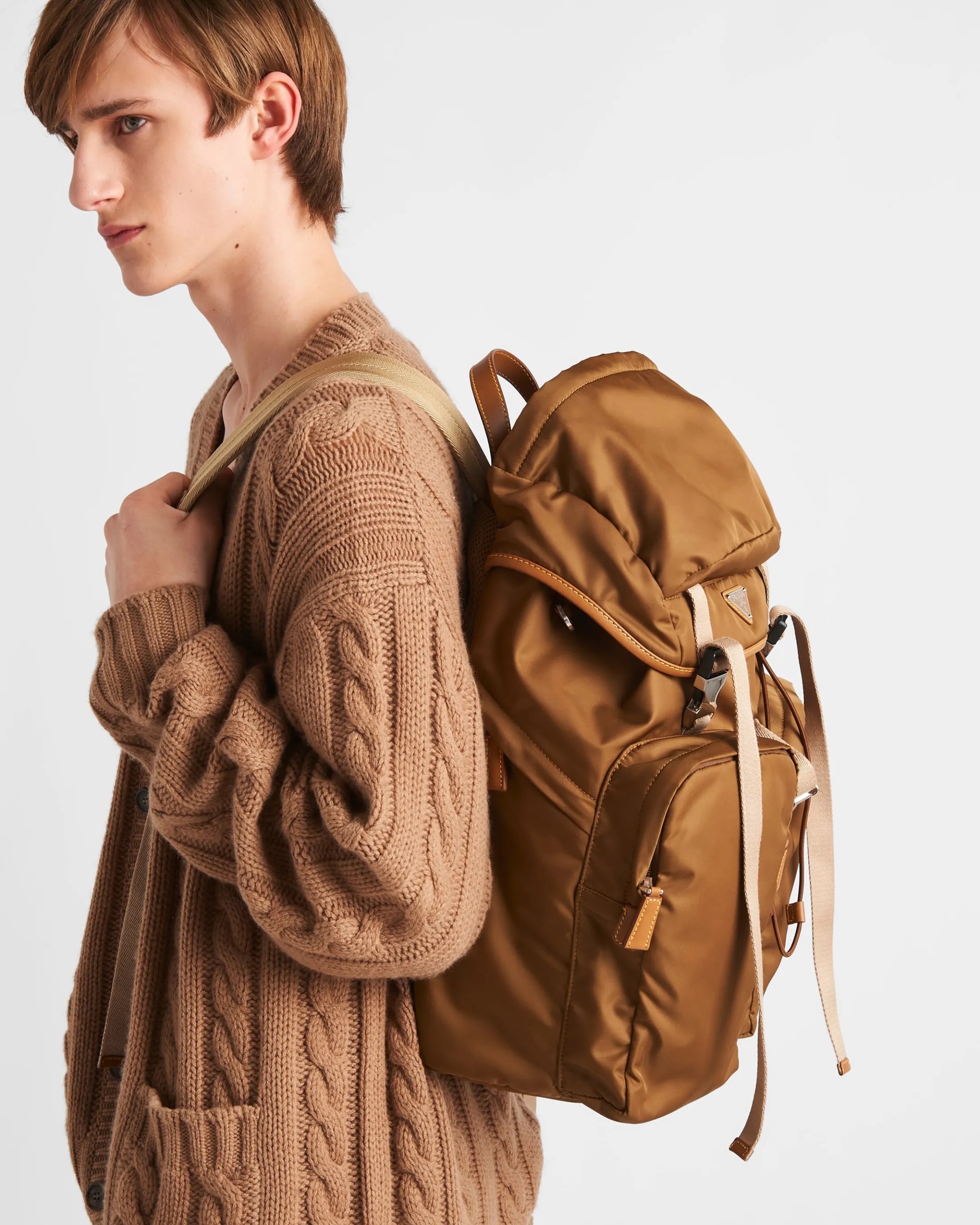 Prada Re-Nylon and leather backpack Corkbeige Best Sale