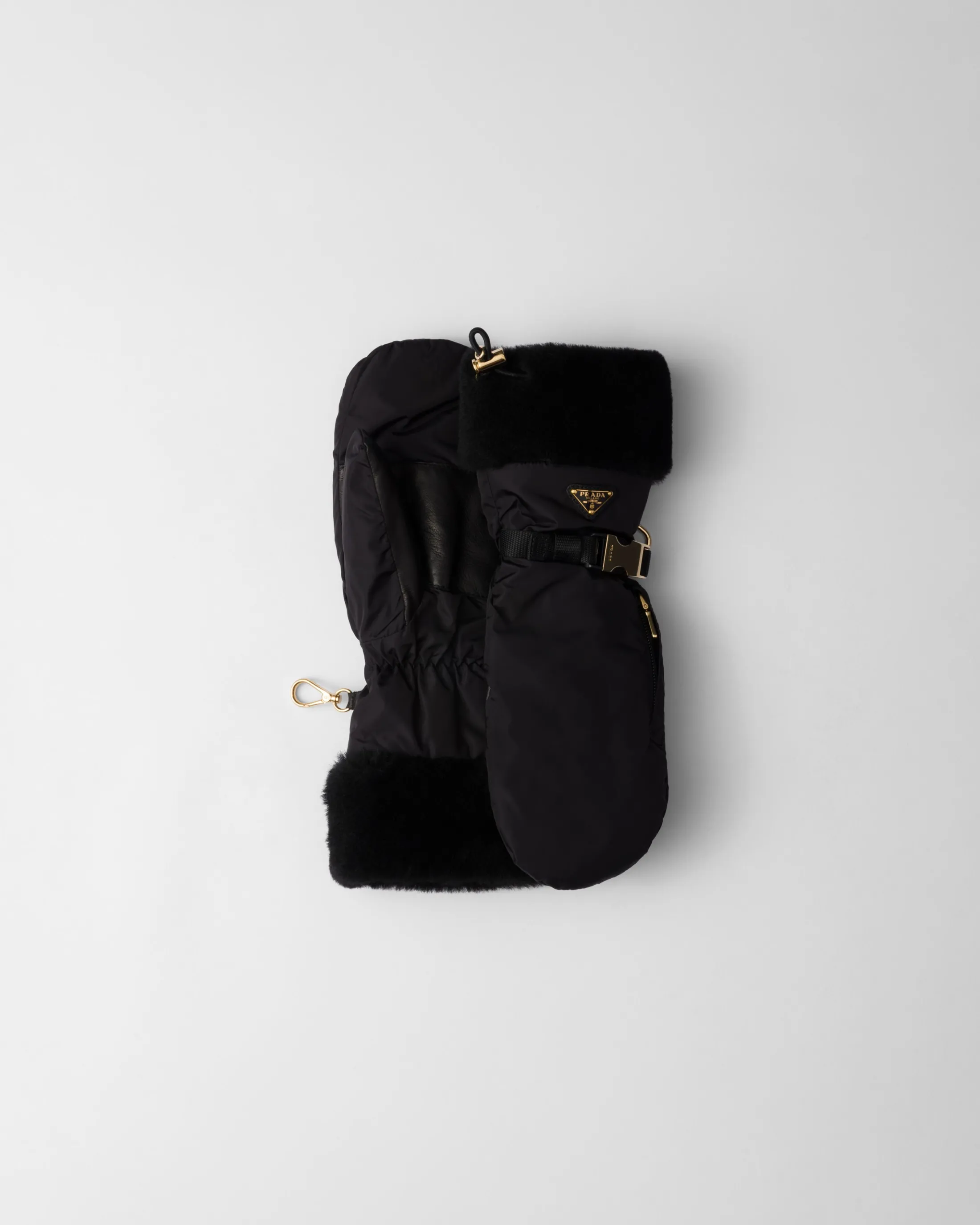 Prada Re-Nylon and shearling mittens Black Outlet