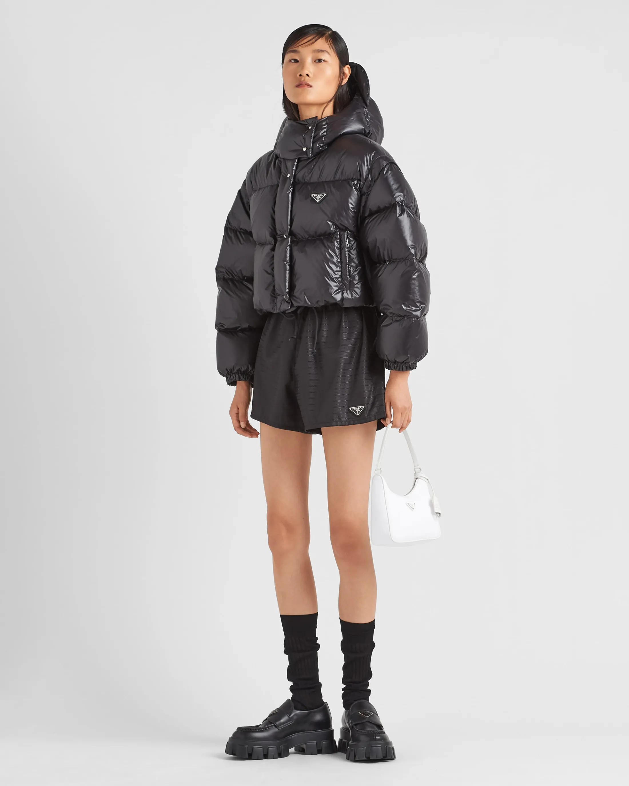 Prada Re-Nylon convertible cropped down jacket Black Outlet