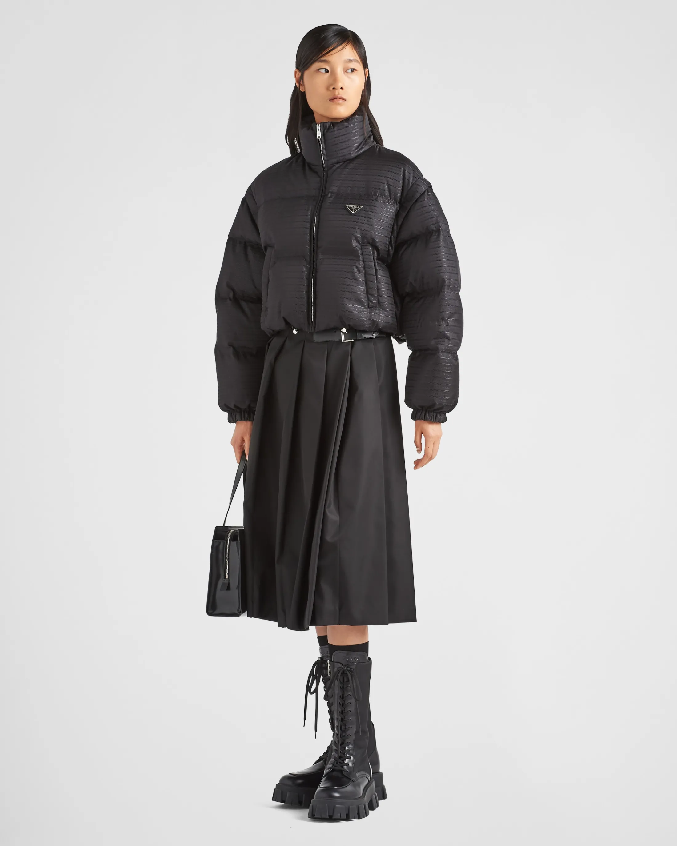 Prada Re-Nylon cropped hooded down jacket Black Clearance