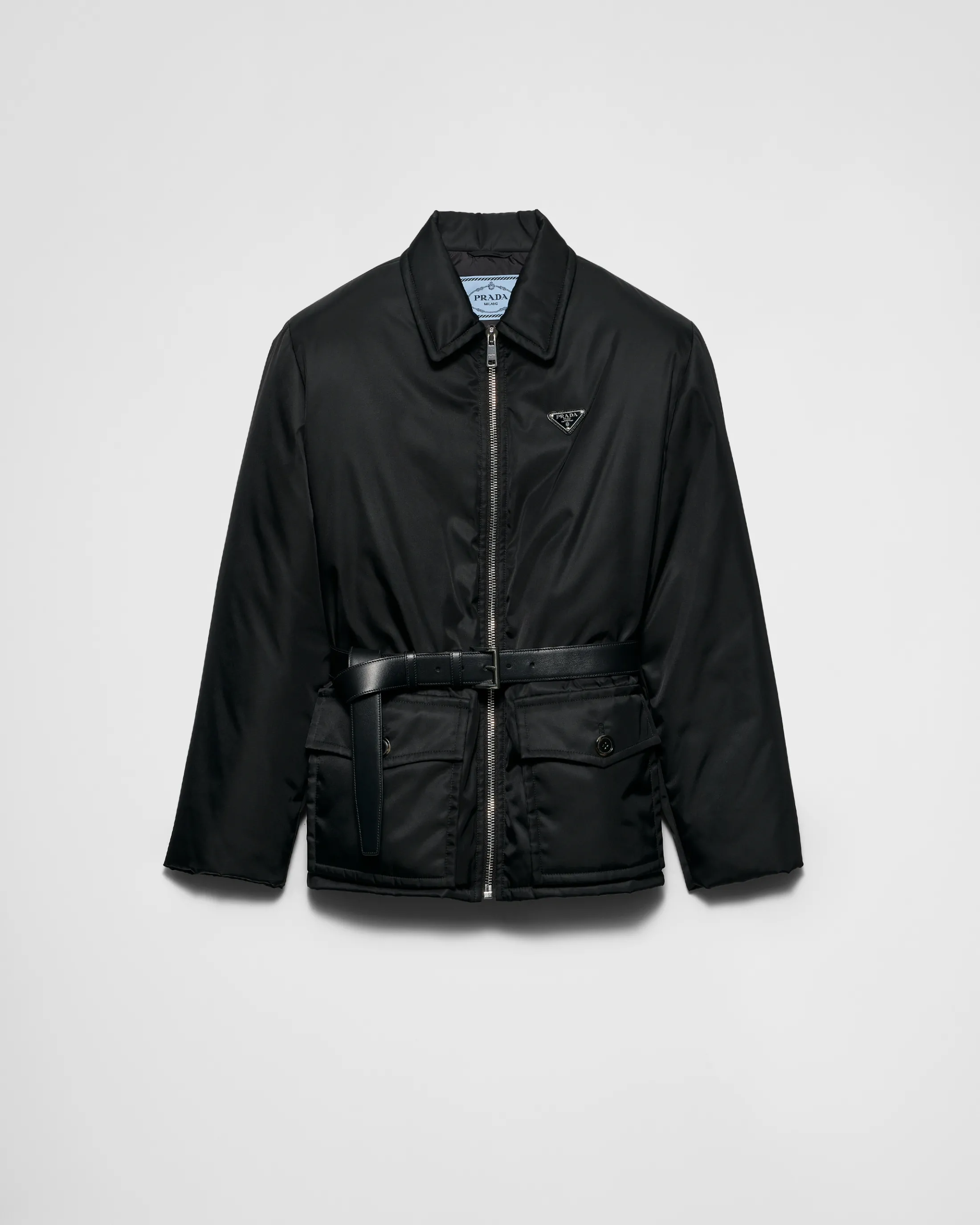 Prada Re-Nylon down jacket with belt Black Outlet