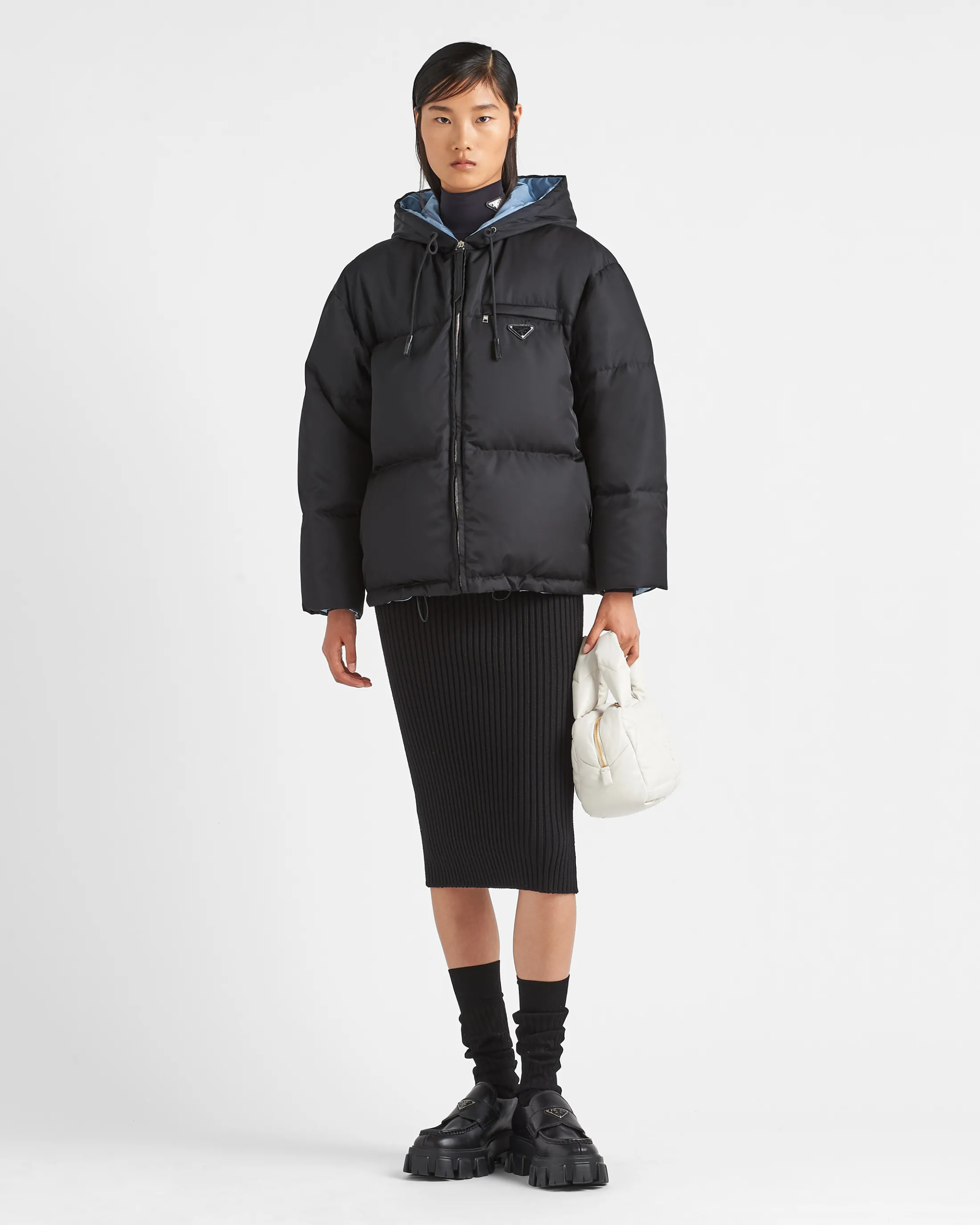 Prada Re-Nylon Gabardine hooded down jacket Black Clearance