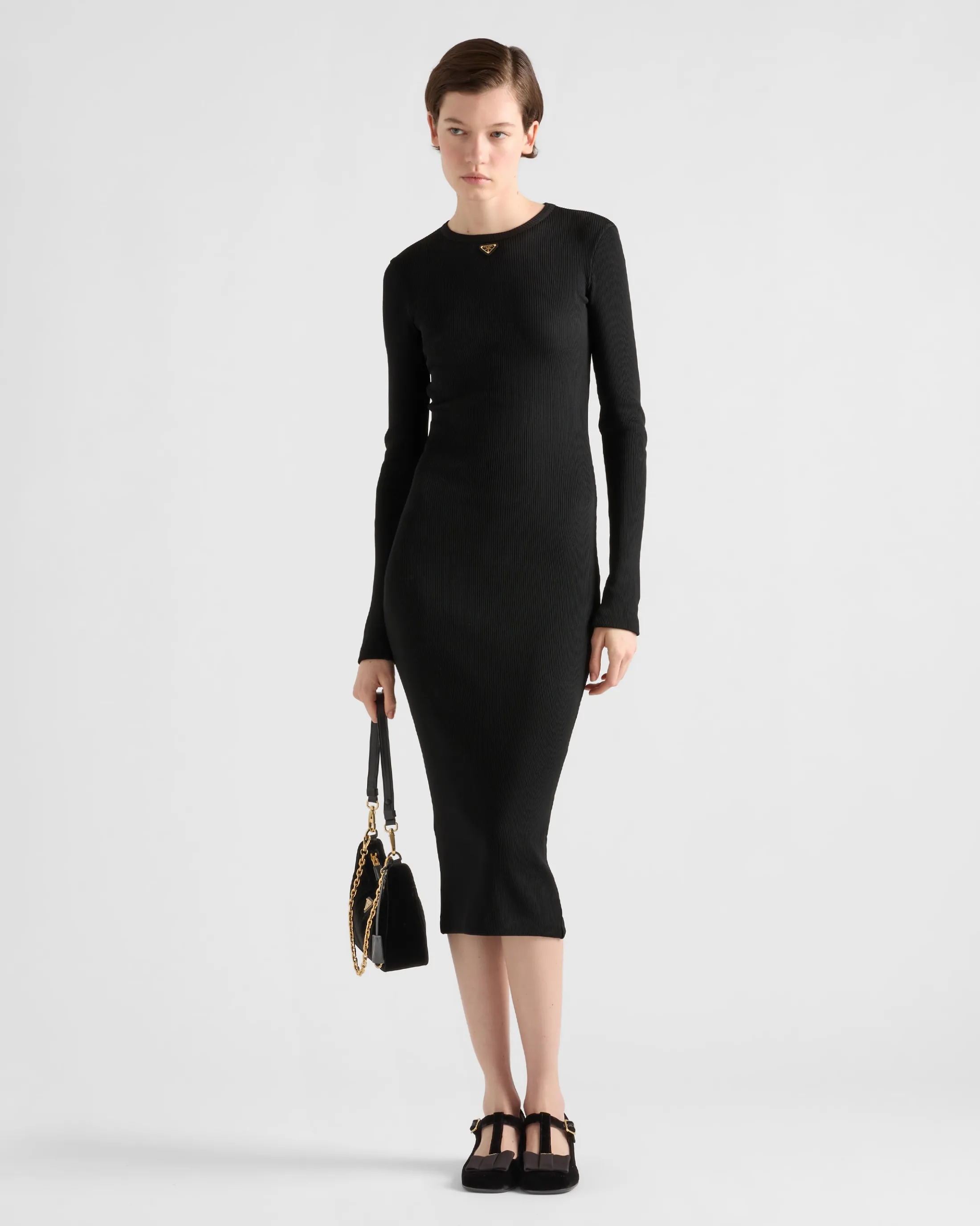 Prada Ribbed knit jersey dress Black New