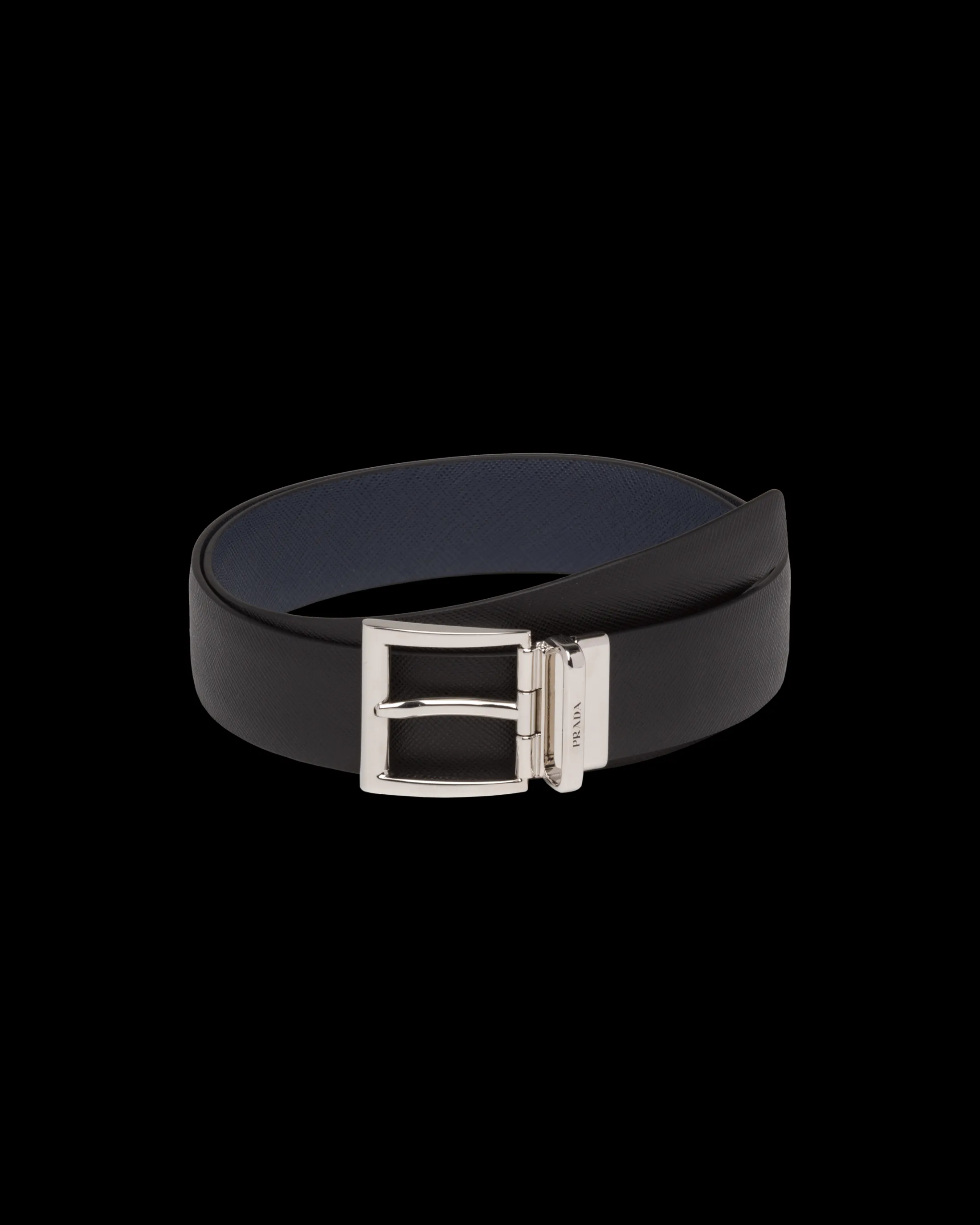 Prada Saffiano Leather Reversible Belt Black/balticblue Best Sale