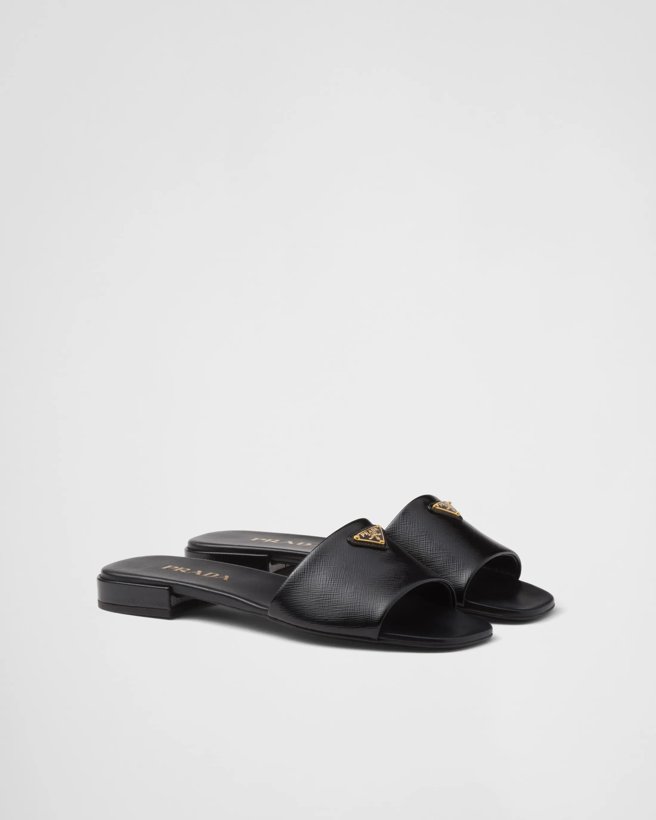 Prada Saffiano patent leather slides Black New