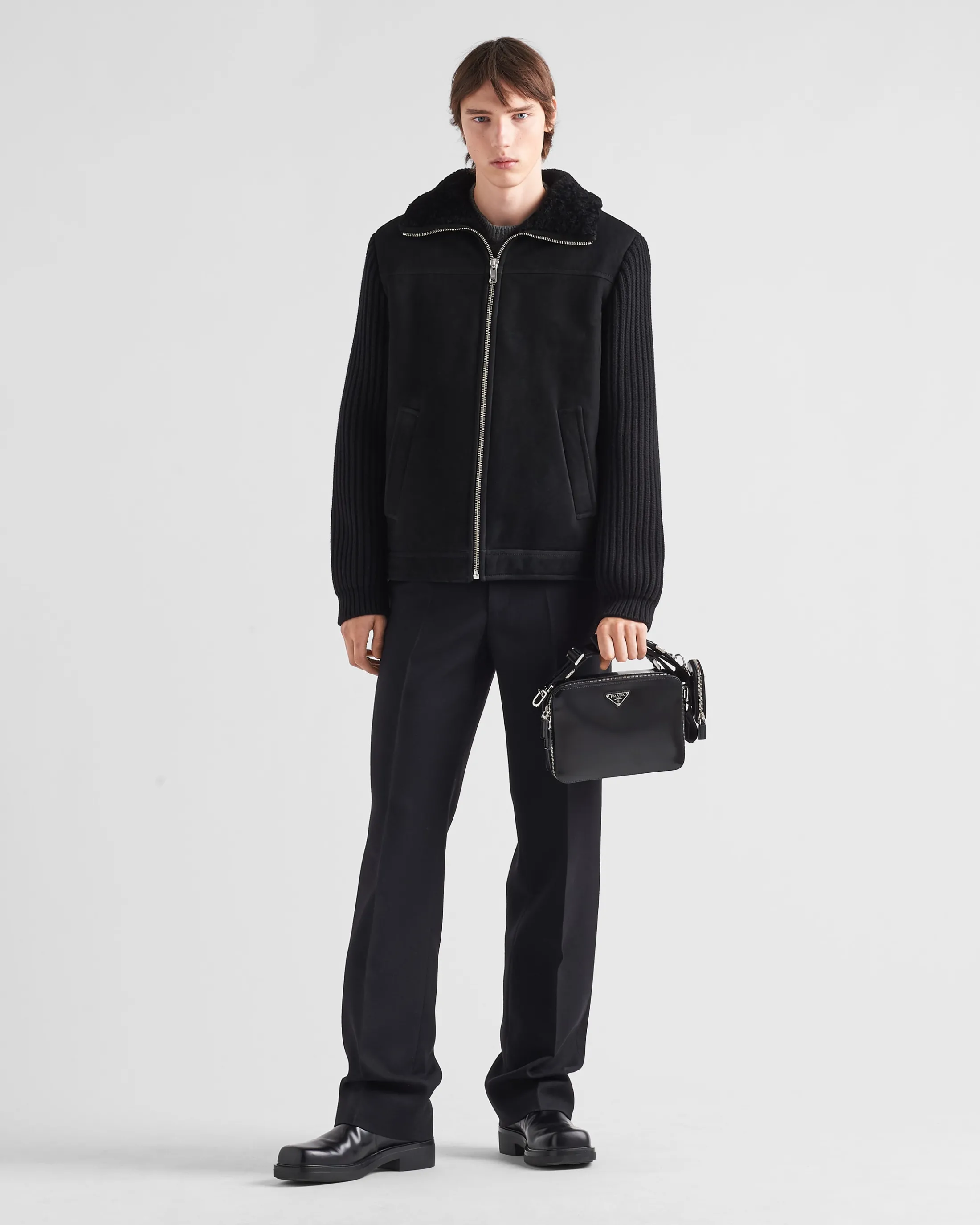 Prada Shearling and knit jacket Black/black Flash Sale