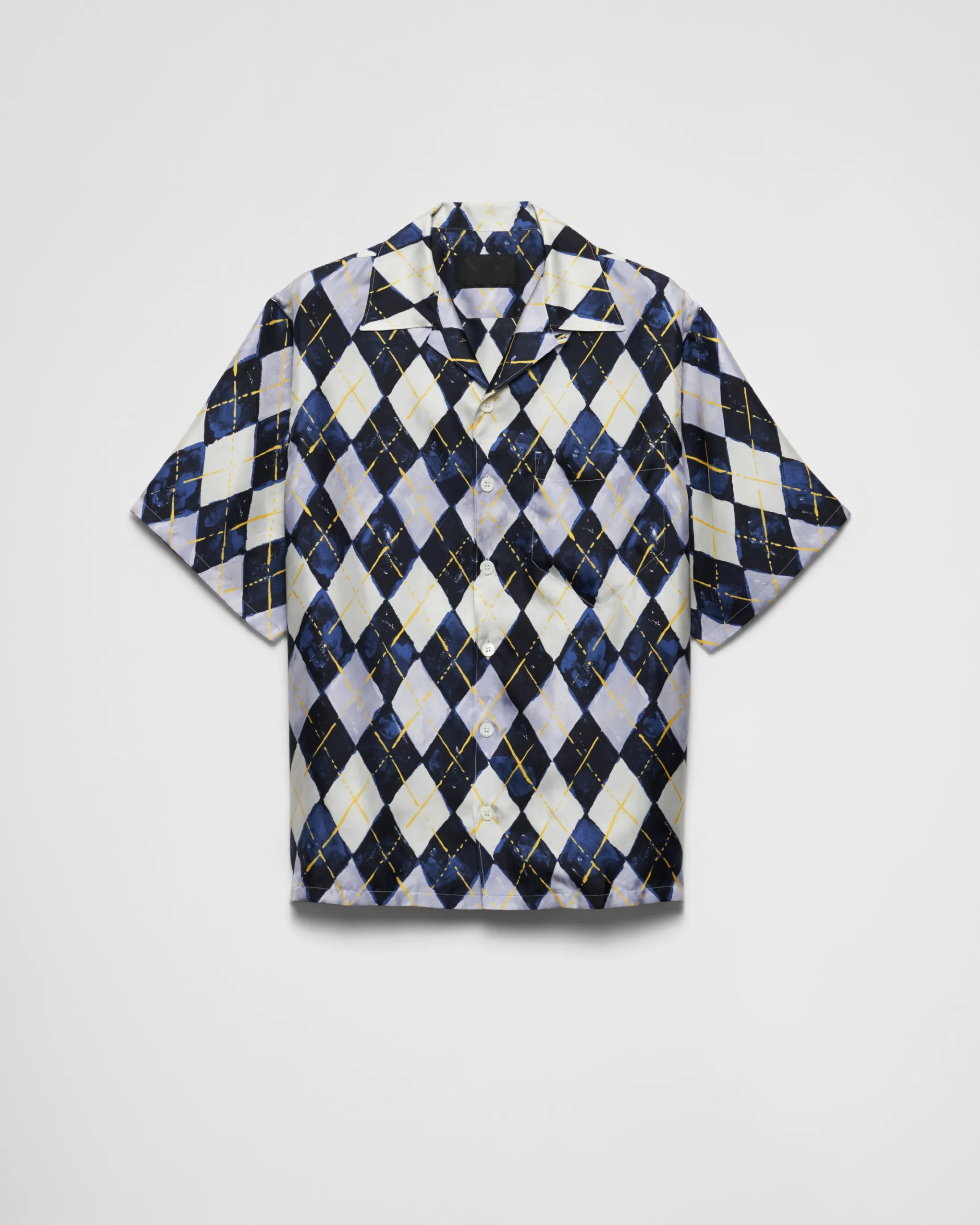 Prada Short-sleeved Argyle-pattern silk twill shirt Navy Cheap