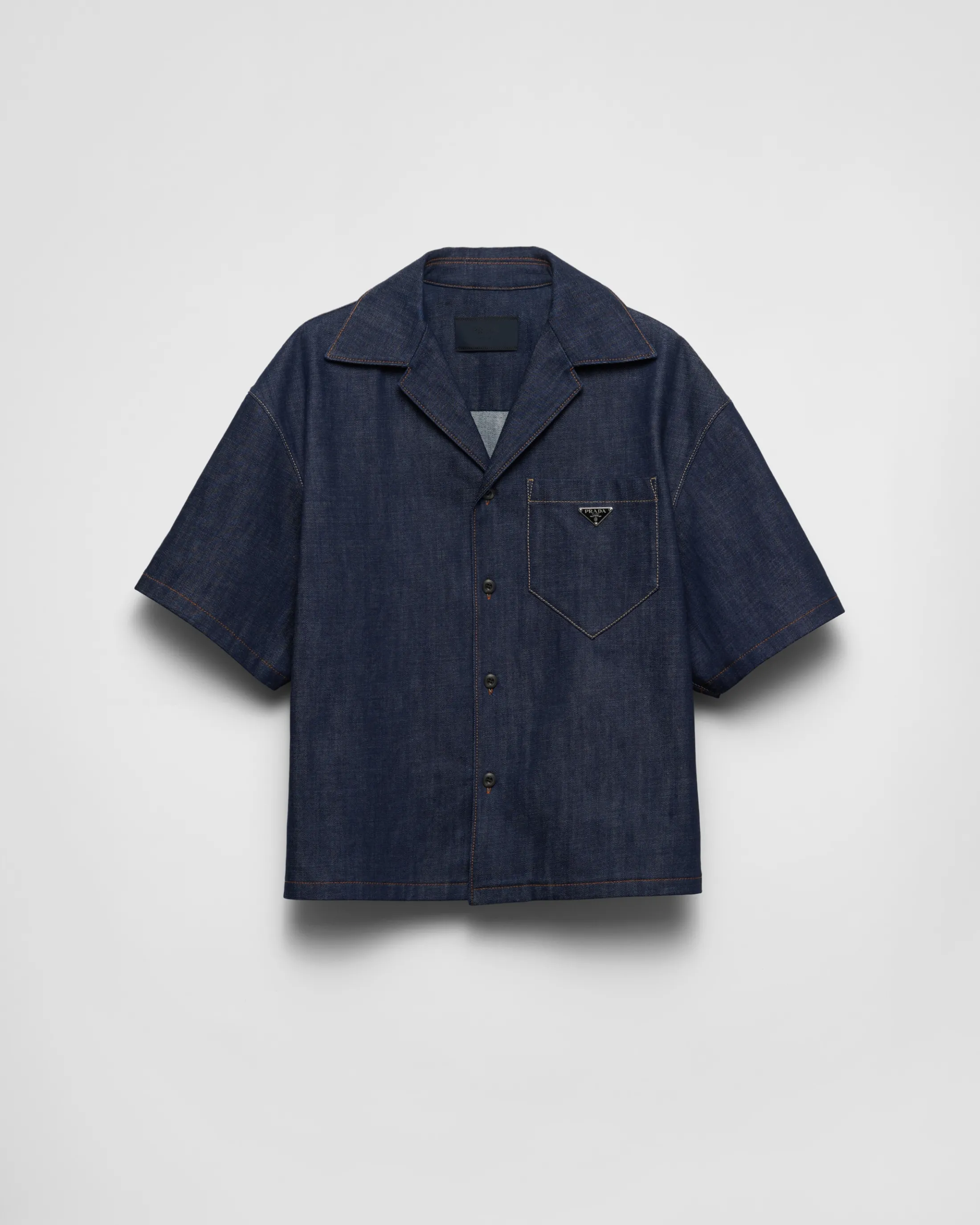 Prada Short-sleeved selvedge denim shirt Navy Cheap