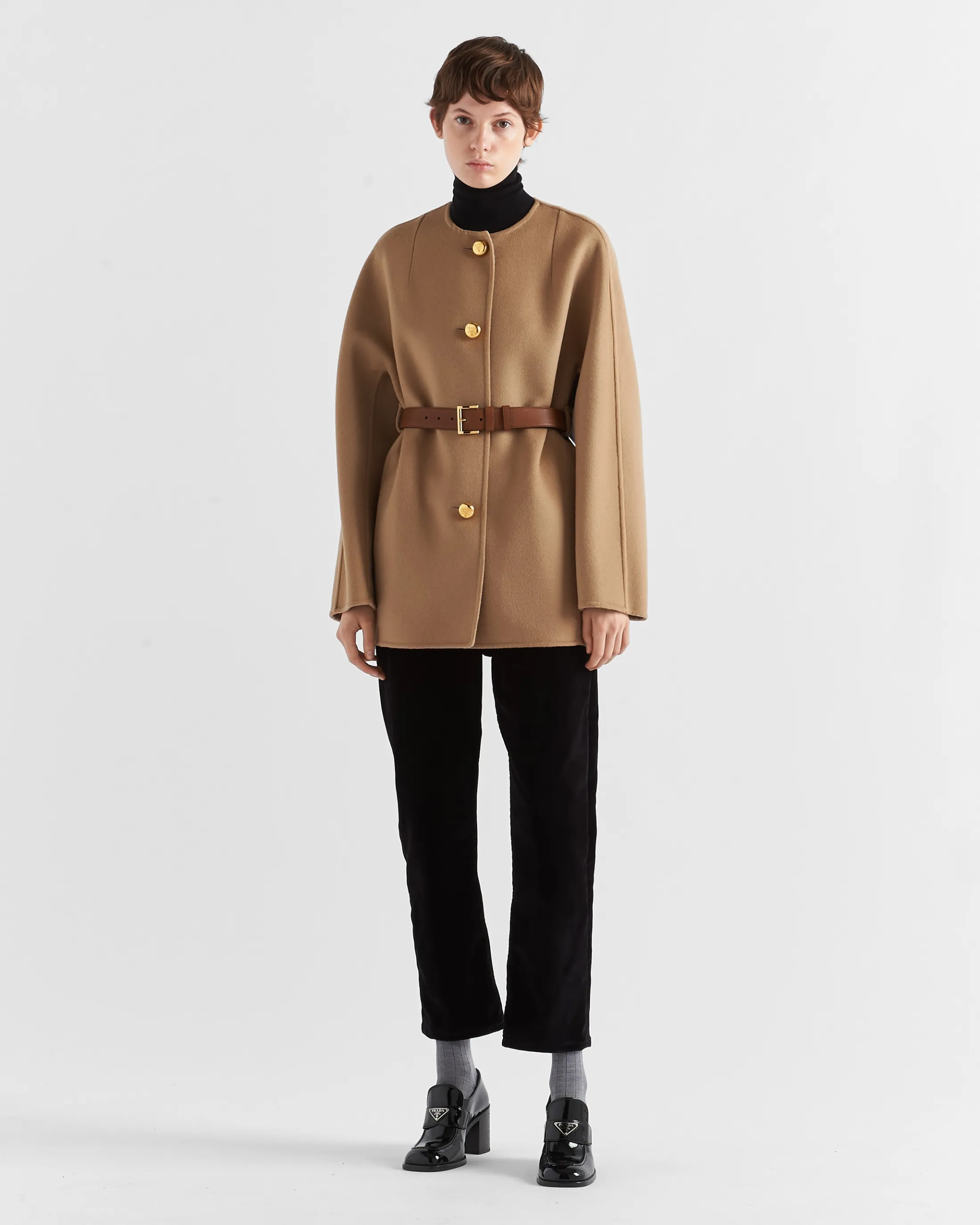 Prada Single-breasted double wool caban jacket Camel/white Shop