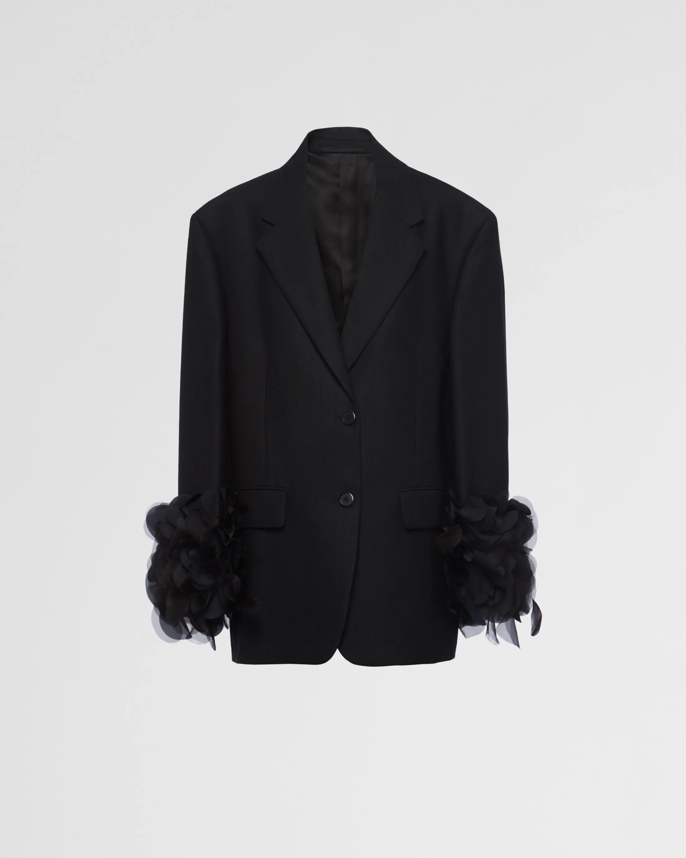 Prada Single-breasted wool jacket with feather trim Black Clearance